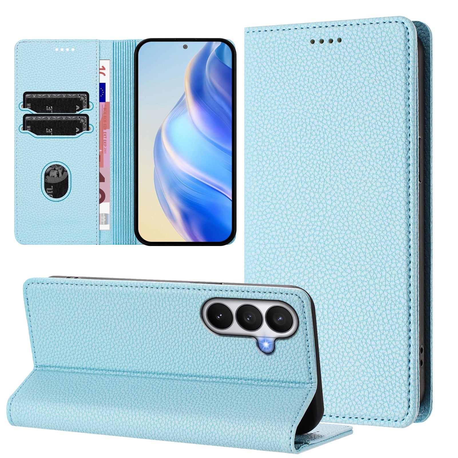 For-Samsung-Galaxy-S26-/-S26-Pro-Wallet-Case-RFID-Blocking-Litchi-Texture-Leather-Mobile-Cover-Baby-Blue