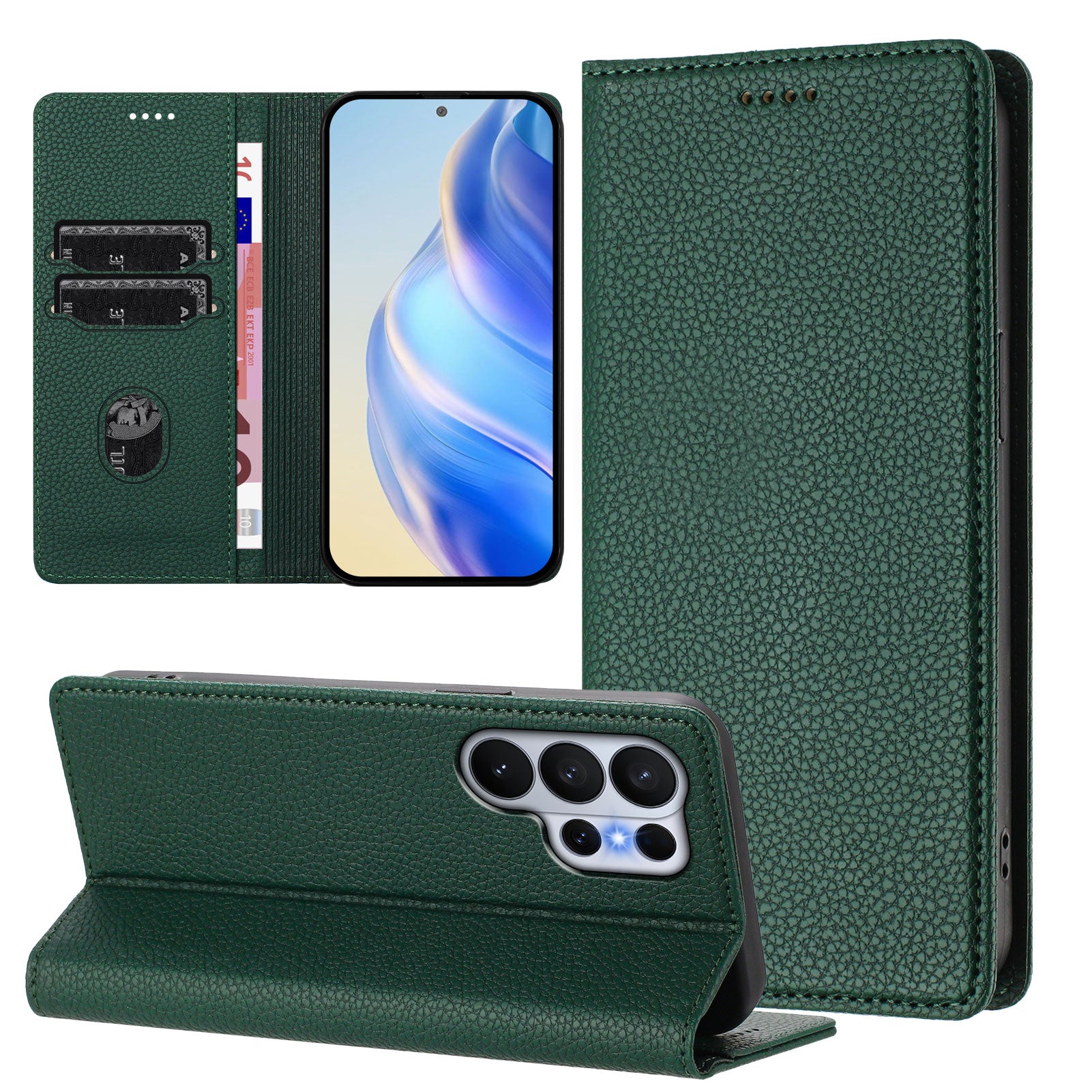 For-Samsung-Galaxy-S26-Ultra-Wallet-Case-RFID-Blocking-Litchi-Texture-Leather-Mobile-Cover-Dark-Green