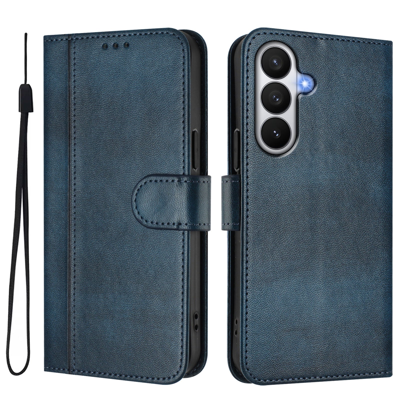 For-Samsung-Galaxy-S26-/-S26-Pro-Cases-Wallet-Stand-Retro-Texture-Leather-Phone-Cover-with-Lanyard-Blue