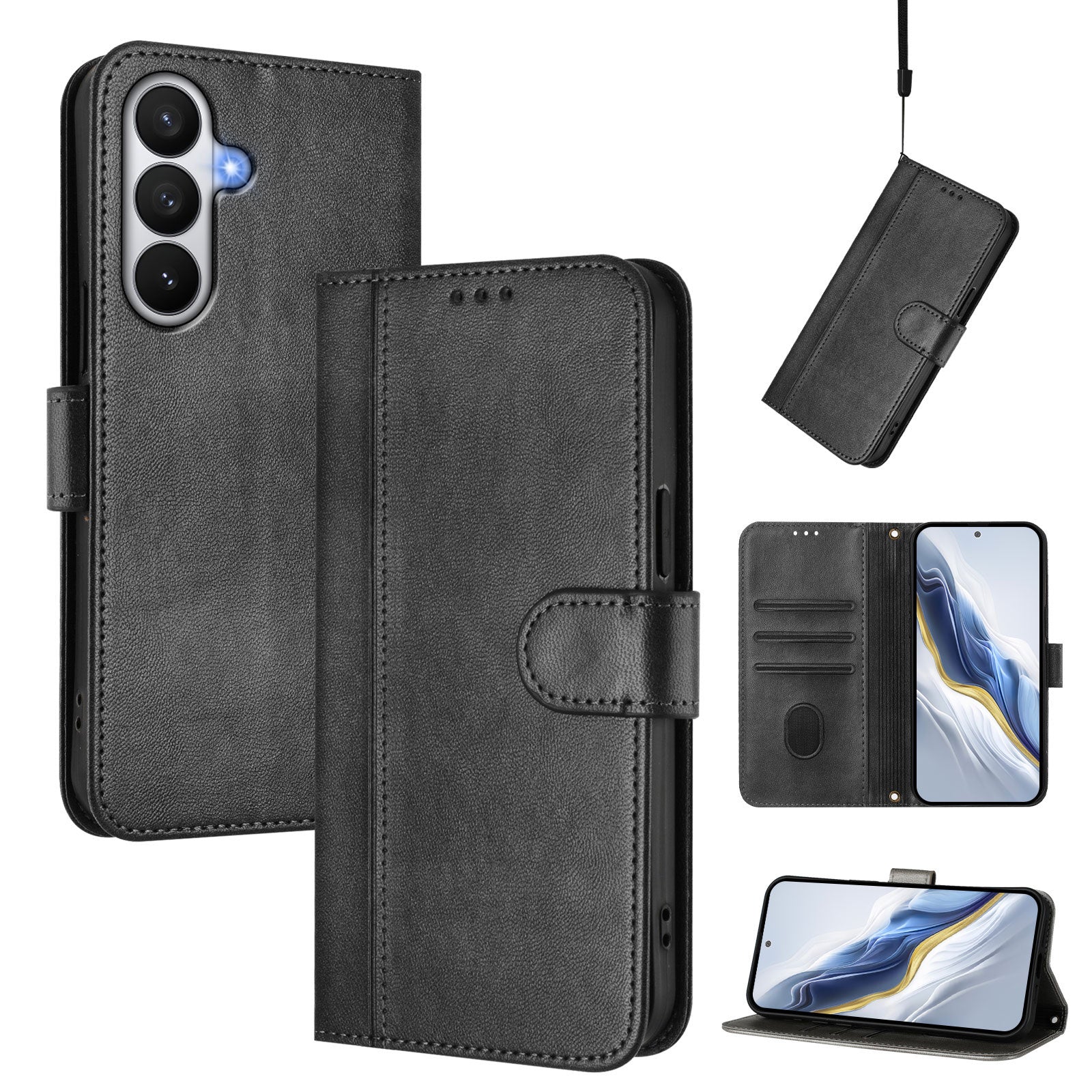 For-Samsung-Galaxy-S26-/-S26-Pro-Cases-Wallet-Stand-Retro-Texture-Leather-Phone-Cover-with-Lanyard-Black