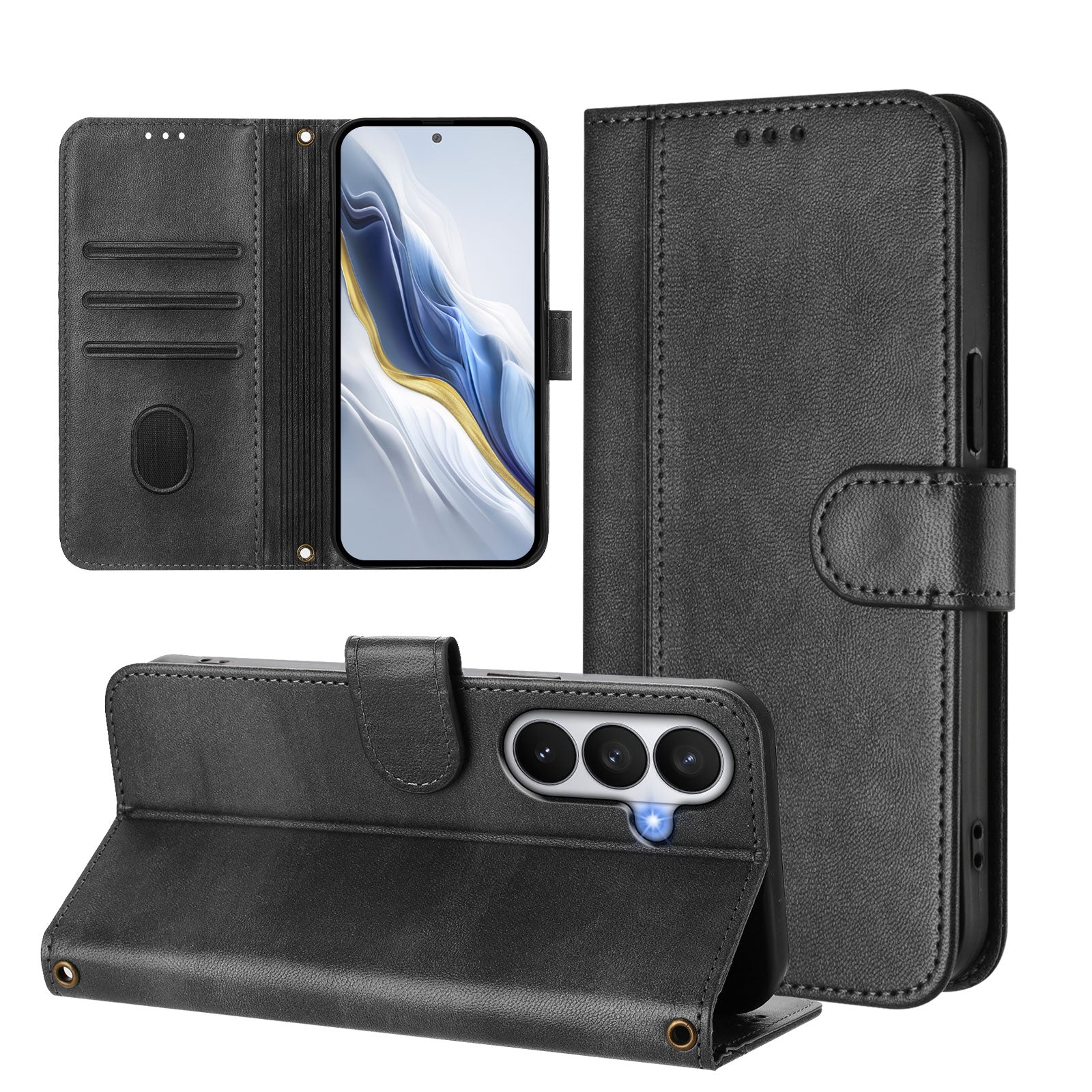 For-Samsung-Galaxy-S26-/-S26-Pro-Cases-Wallet-Stand-Retro-Texture-Leather-Phone-Cover-with-Lanyard-Black