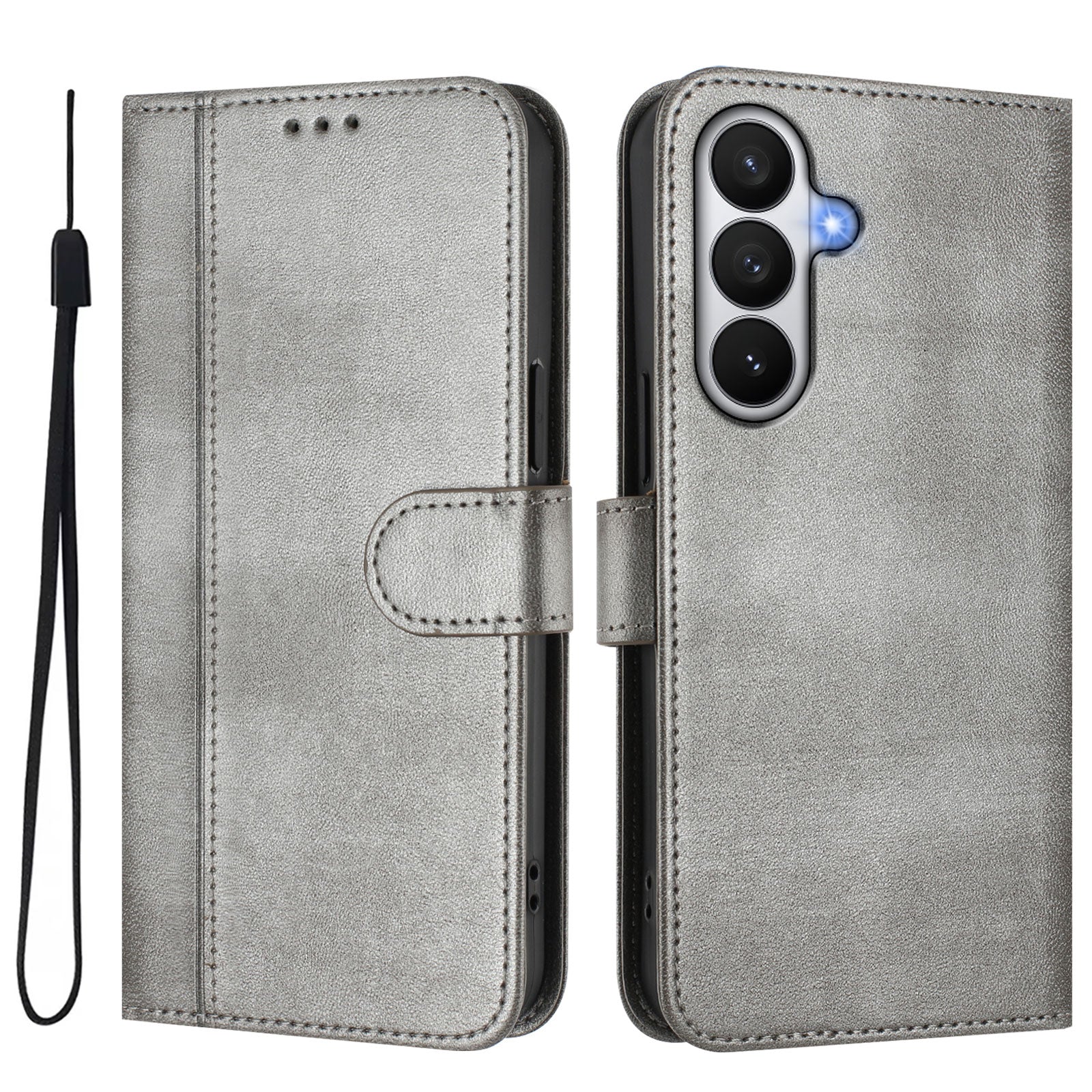For-Samsung-Galaxy-S26-/-S26-Pro-Cases-Wallet-Stand-Retro-Texture-Leather-Phone-Cover-with-Lanyard-Grey