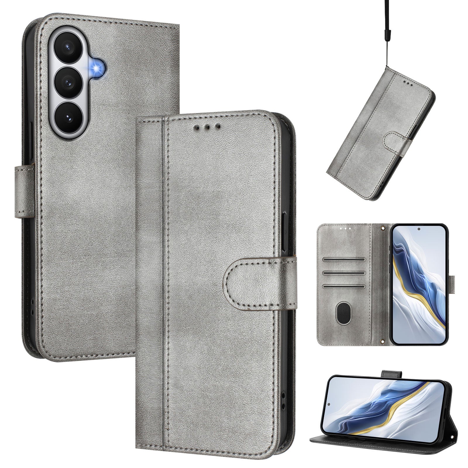 For-Samsung-Galaxy-S26-/-S26-Pro-Cases-Wallet-Stand-Retro-Texture-Leather-Phone-Cover-with-Lanyard-Grey