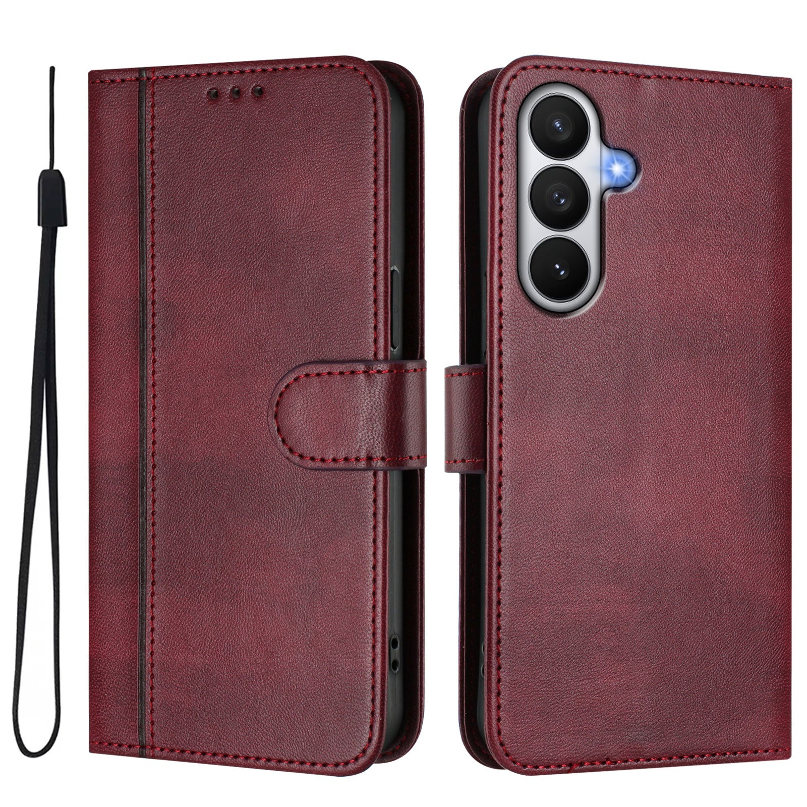 For-Samsung-Galaxy-S26-/-S26-Pro-Cases-Wallet-Stand-Retro-Texture-Leather-Phone-Cover-with-Lanyard-Wine-Red