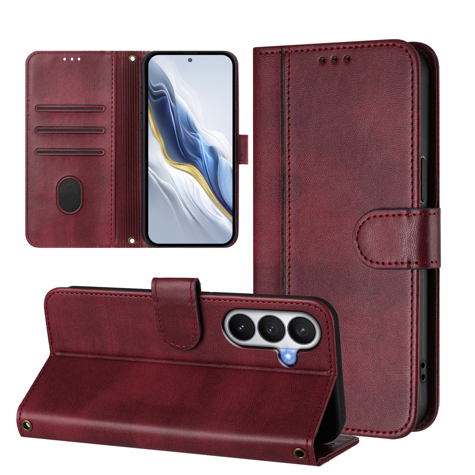 For-Samsung-Galaxy-S26-/-S26-Pro-Cases-Wallet-Stand-Retro-Texture-Leather-Phone-Cover-with-Lanyard-Wine-Red