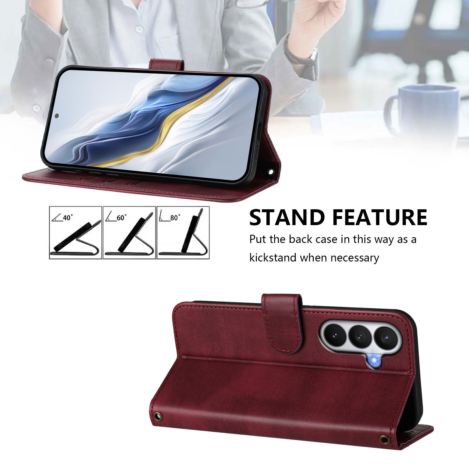 For-Samsung-Galaxy-S26-/-S26-Pro-Cases-Wallet-Stand-Retro-Texture-Leather-Phone-Cover-with-Lanyard-Wine-Red