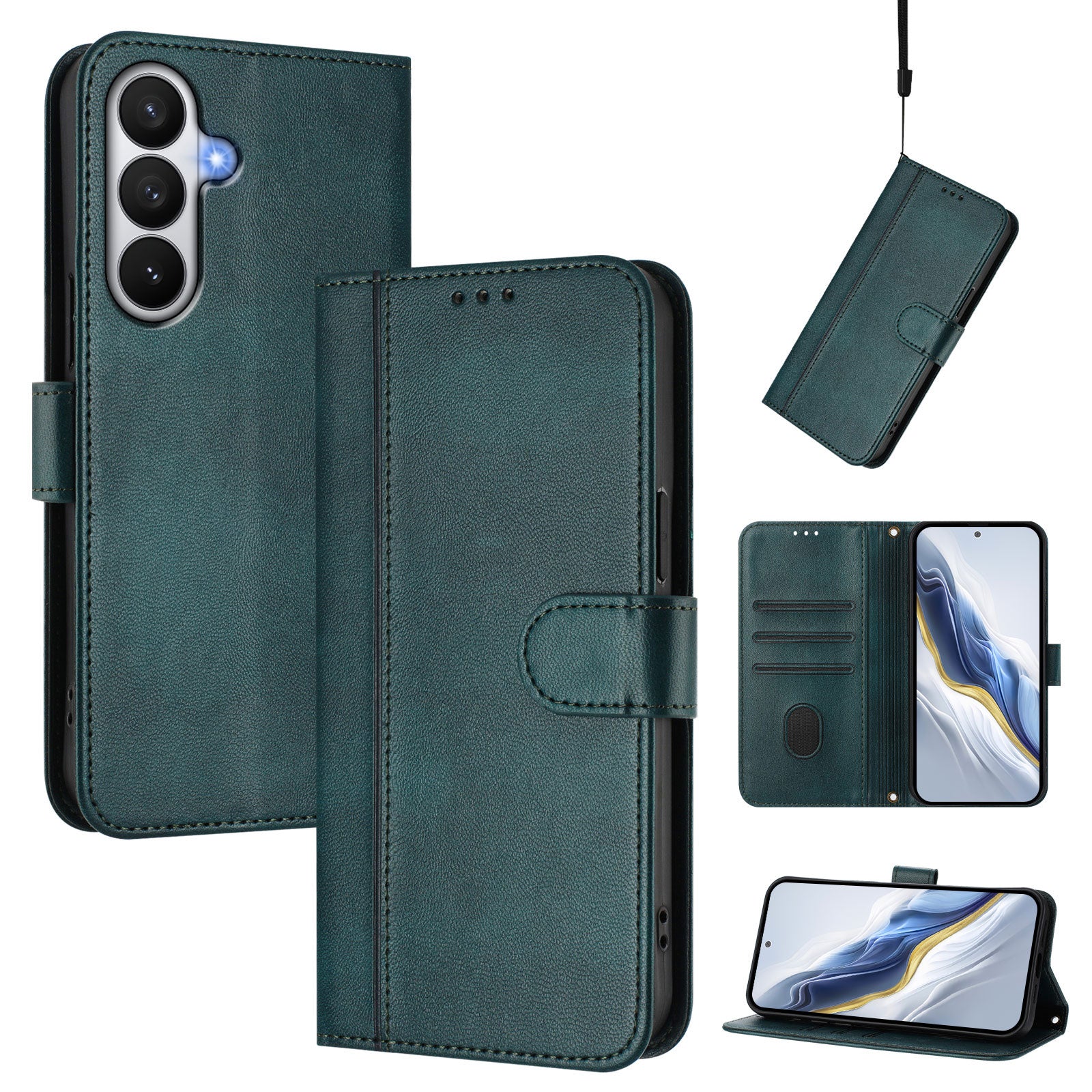 For-Samsung-Galaxy-S26-/-S26-Pro-Cases-Wallet-Stand-Retro-Texture-Leather-Phone-Cover-with-Lanyard-Dark-Green