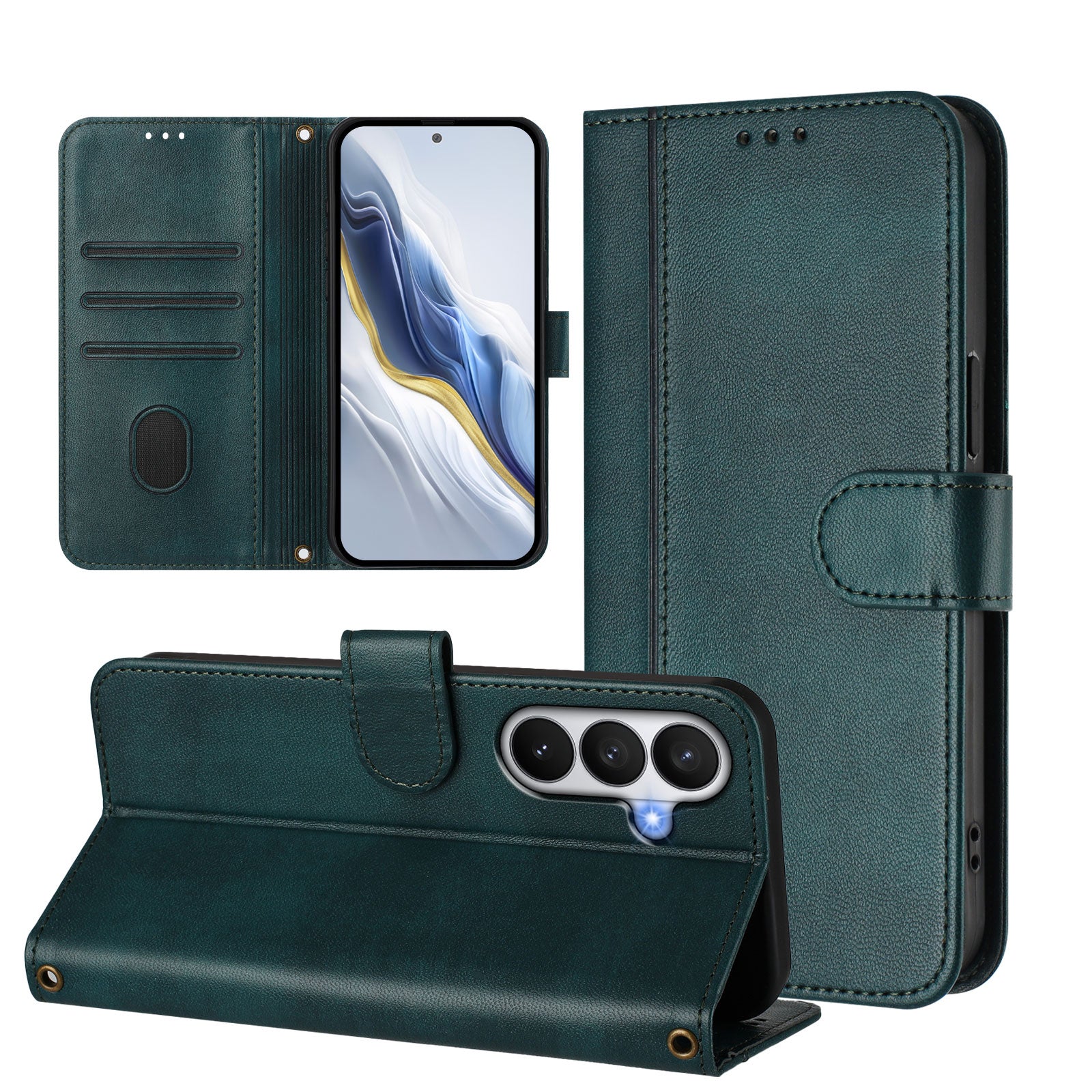 For-Samsung-Galaxy-S26-/-S26-Pro-Cases-Wallet-Stand-Retro-Texture-Leather-Phone-Cover-with-Lanyard-Dark-Green