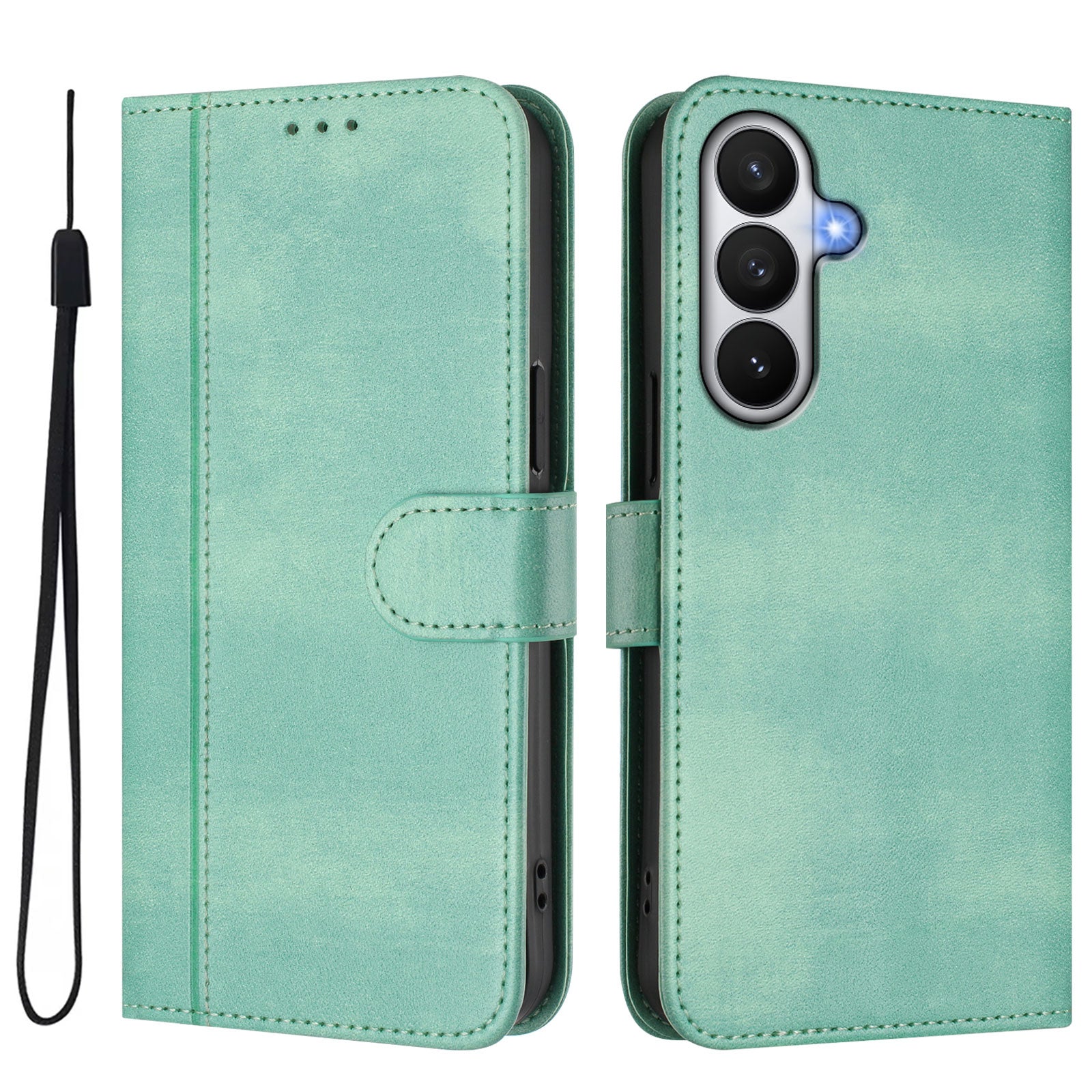 For-Samsung-Galaxy-S26-/-S26-Pro-Cases-Wallet-Stand-Retro-Texture-Leather-Phone-Cover-with-Lanyard-Mint-Green