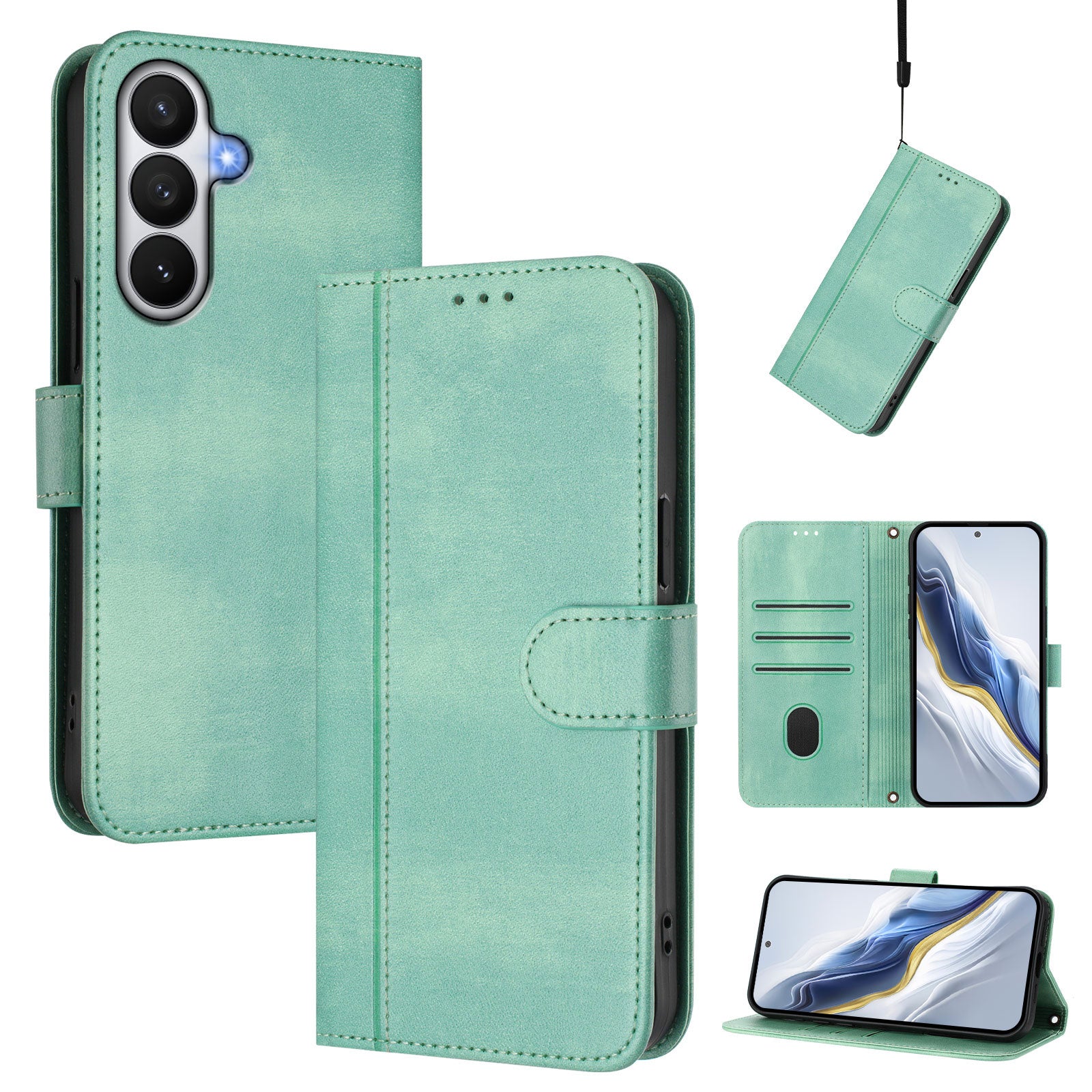 For-Samsung-Galaxy-S26-/-S26-Pro-Cases-Wallet-Stand-Retro-Texture-Leather-Phone-Cover-with-Lanyard-Mint-Green