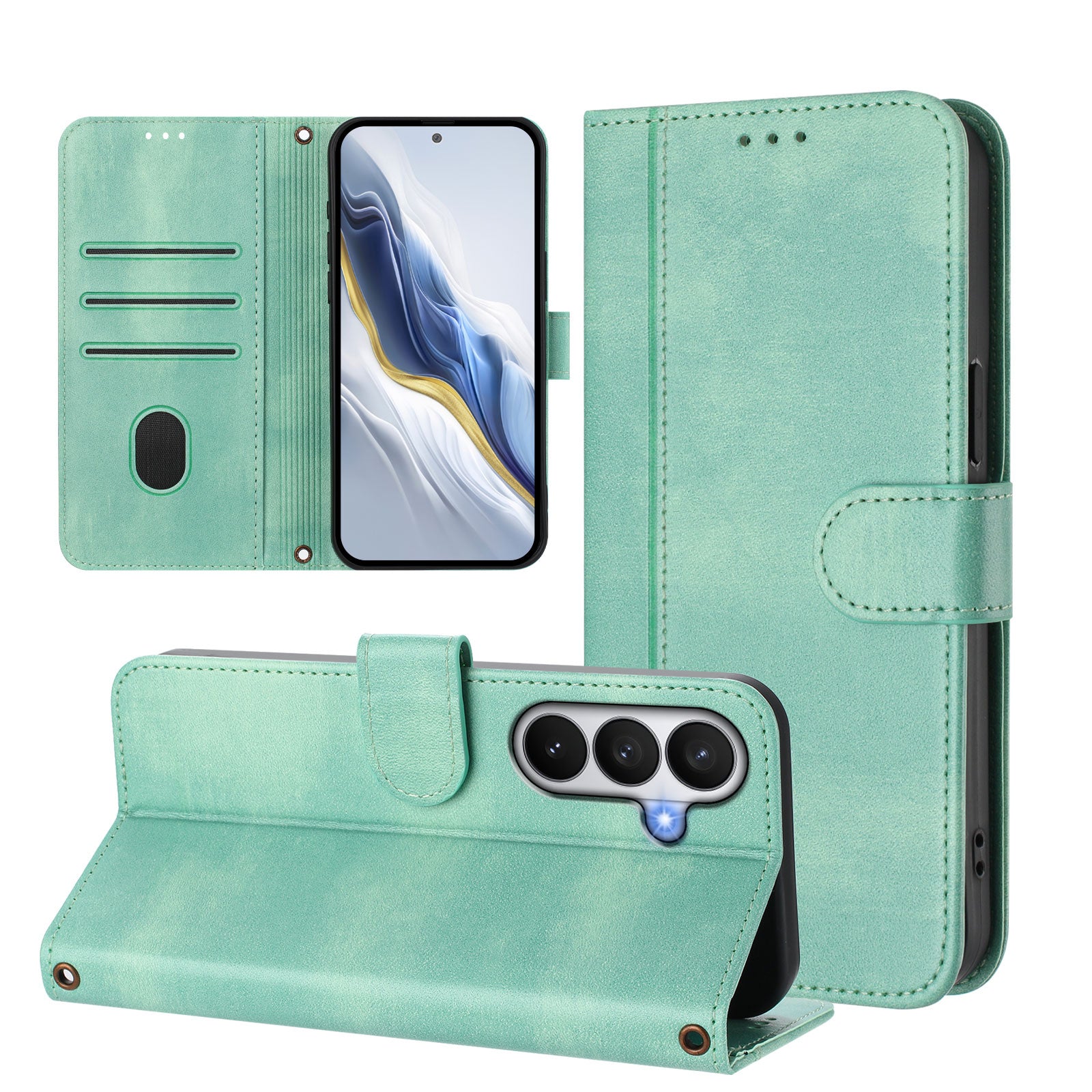 For-Samsung-Galaxy-S26-/-S26-Pro-Cases-Wallet-Stand-Retro-Texture-Leather-Phone-Cover-with-Lanyard-Mint-Green