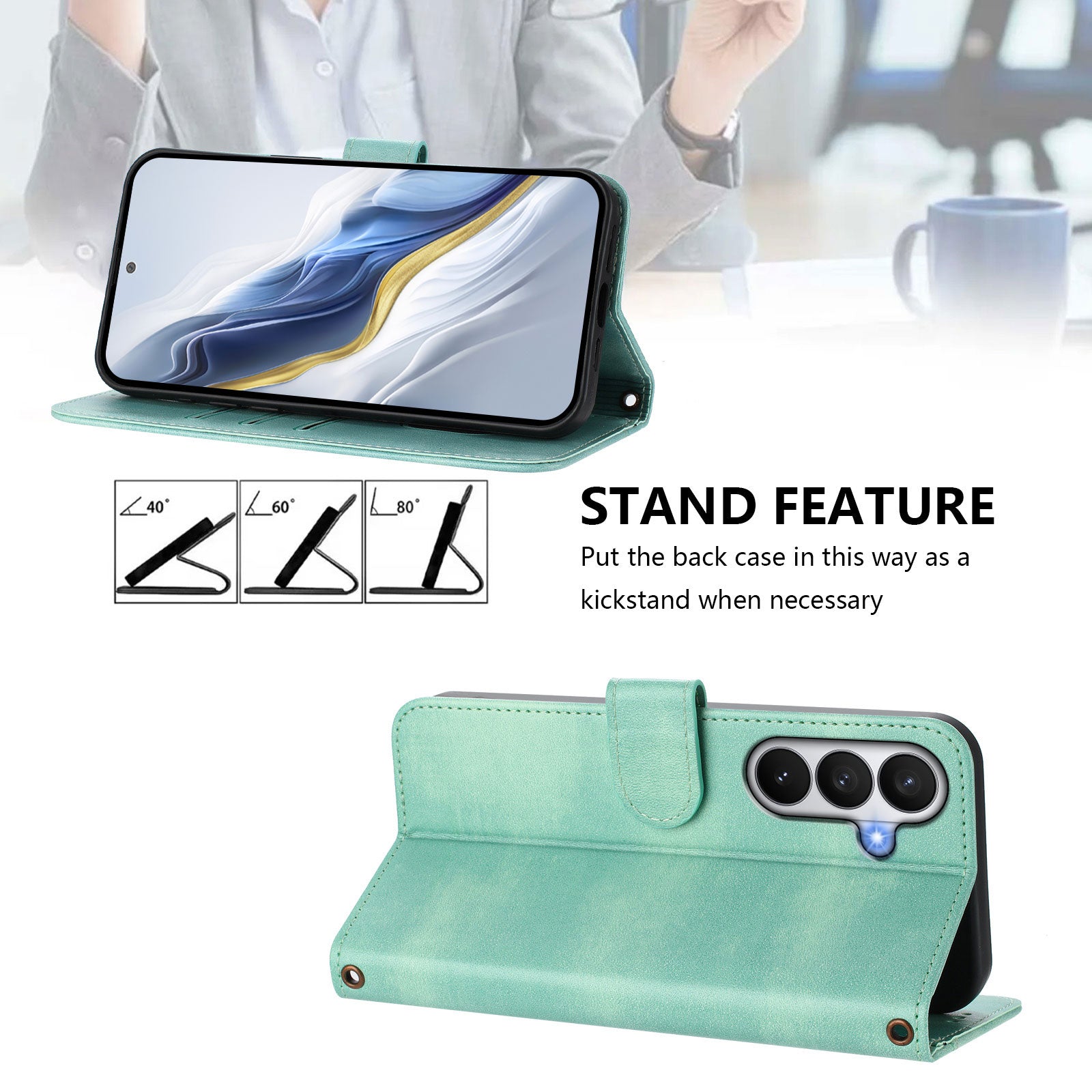 For-Samsung-Galaxy-S26-/-S26-Pro-Cases-Wallet-Stand-Retro-Texture-Leather-Phone-Cover-with-Lanyard-Mint-Green