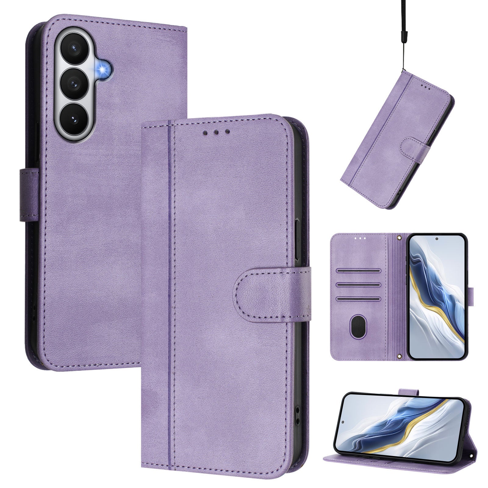 For-Samsung-Galaxy-S26-/-S26-Pro-Cases-Wallet-Stand-Retro-Texture-Leather-Phone-Cover-with-Lanyard-Light-Purple