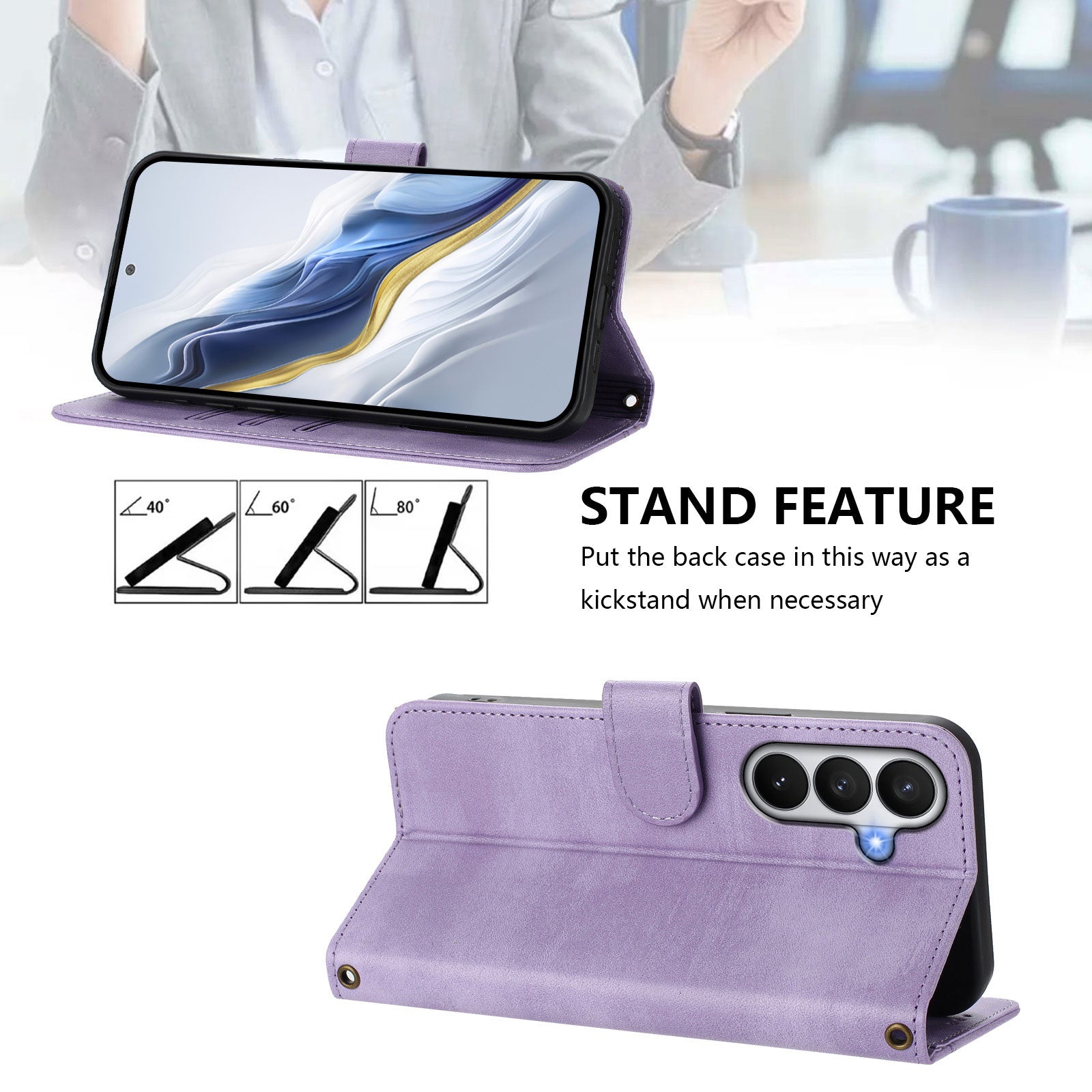 For-Samsung-Galaxy-S26-/-S26-Pro-Cases-Wallet-Stand-Retro-Texture-Leather-Phone-Cover-with-Lanyard-Light-Purple