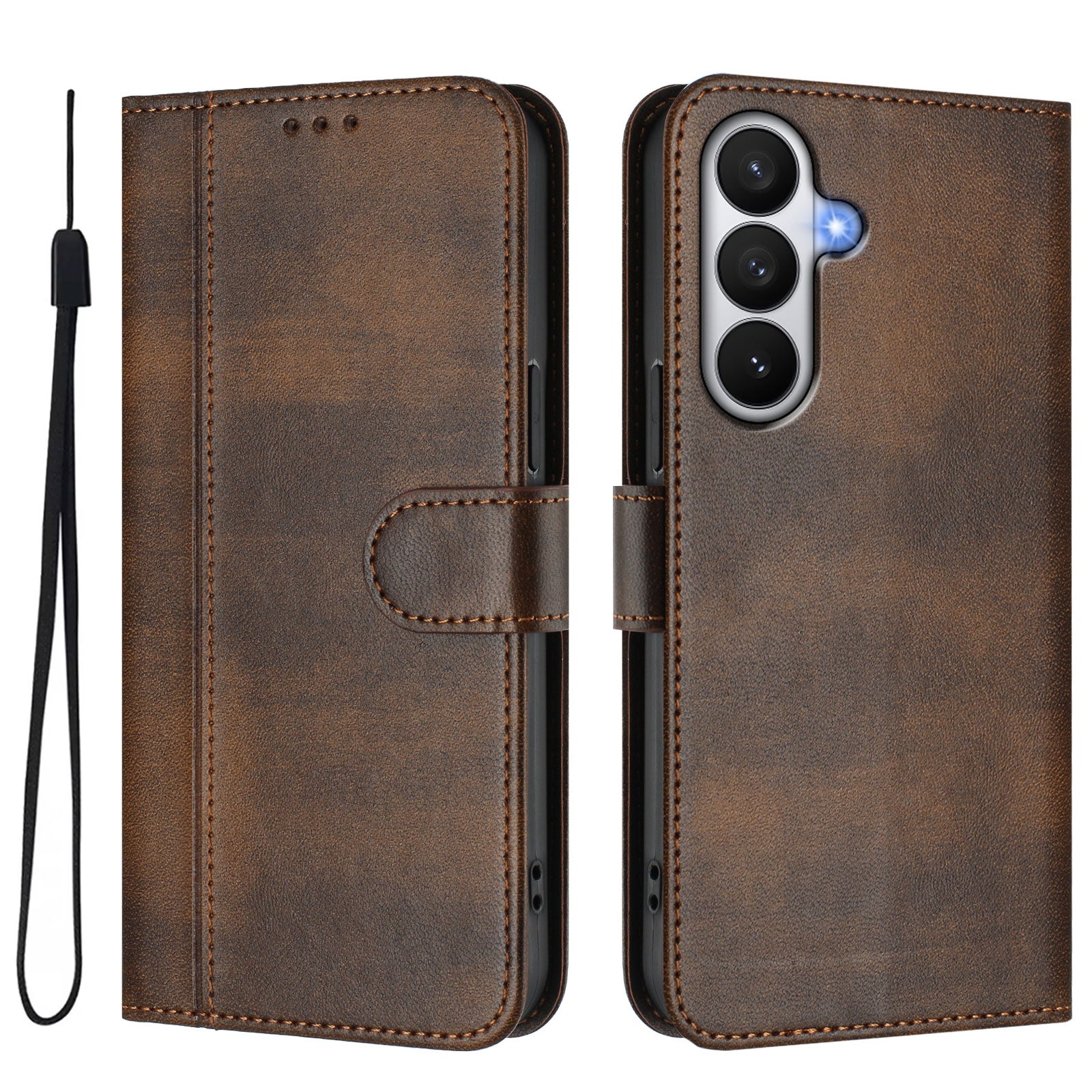 For-Samsung-Galaxy-S26-/-S26-Pro-Cases-Wallet-Stand-Retro-Texture-Leather-Phone-Cover-with-Lanyard-Brown