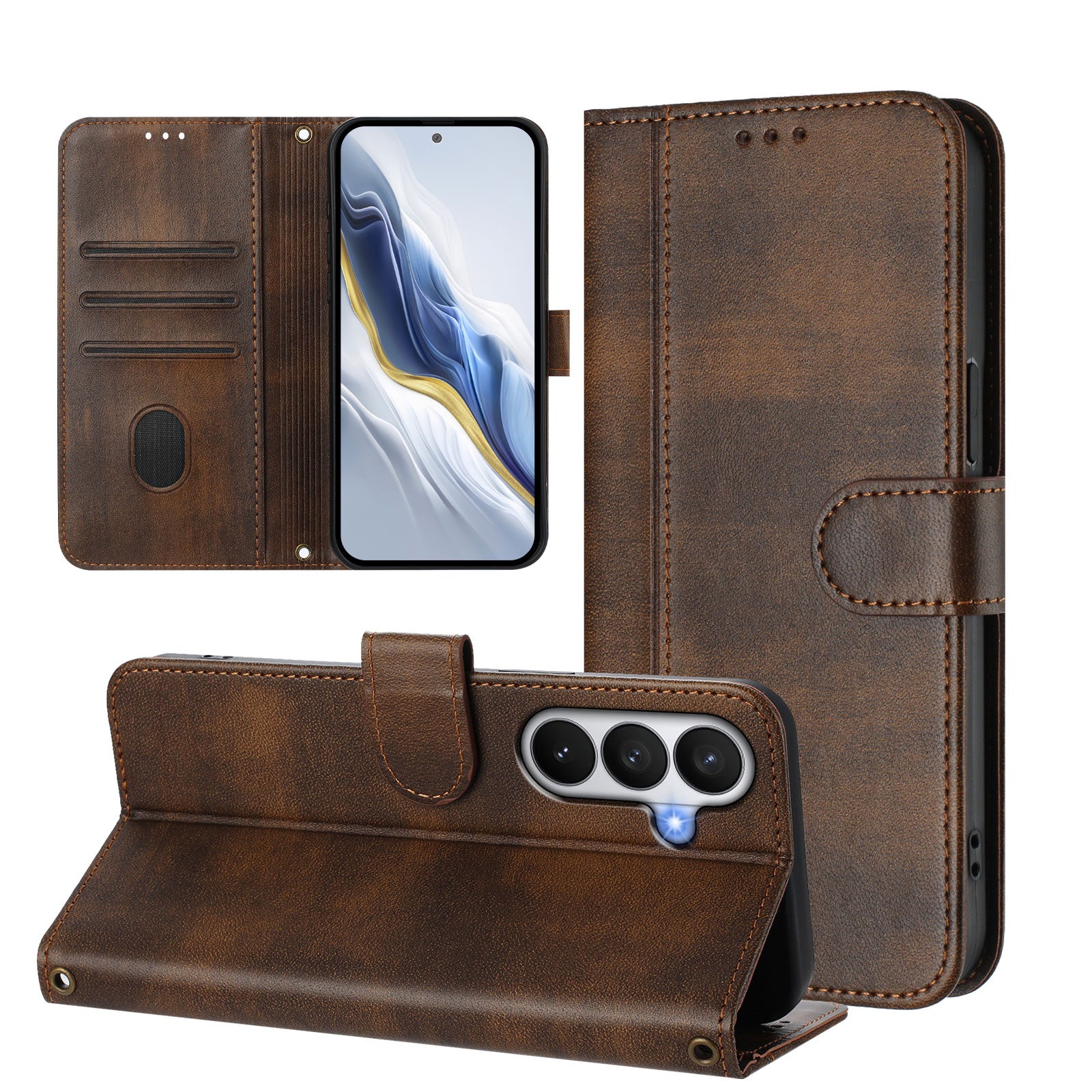 For-Samsung-Galaxy-S26-/-S26-Pro-Cases-Wallet-Stand-Retro-Texture-Leather-Phone-Cover-with-Lanyard-Brown