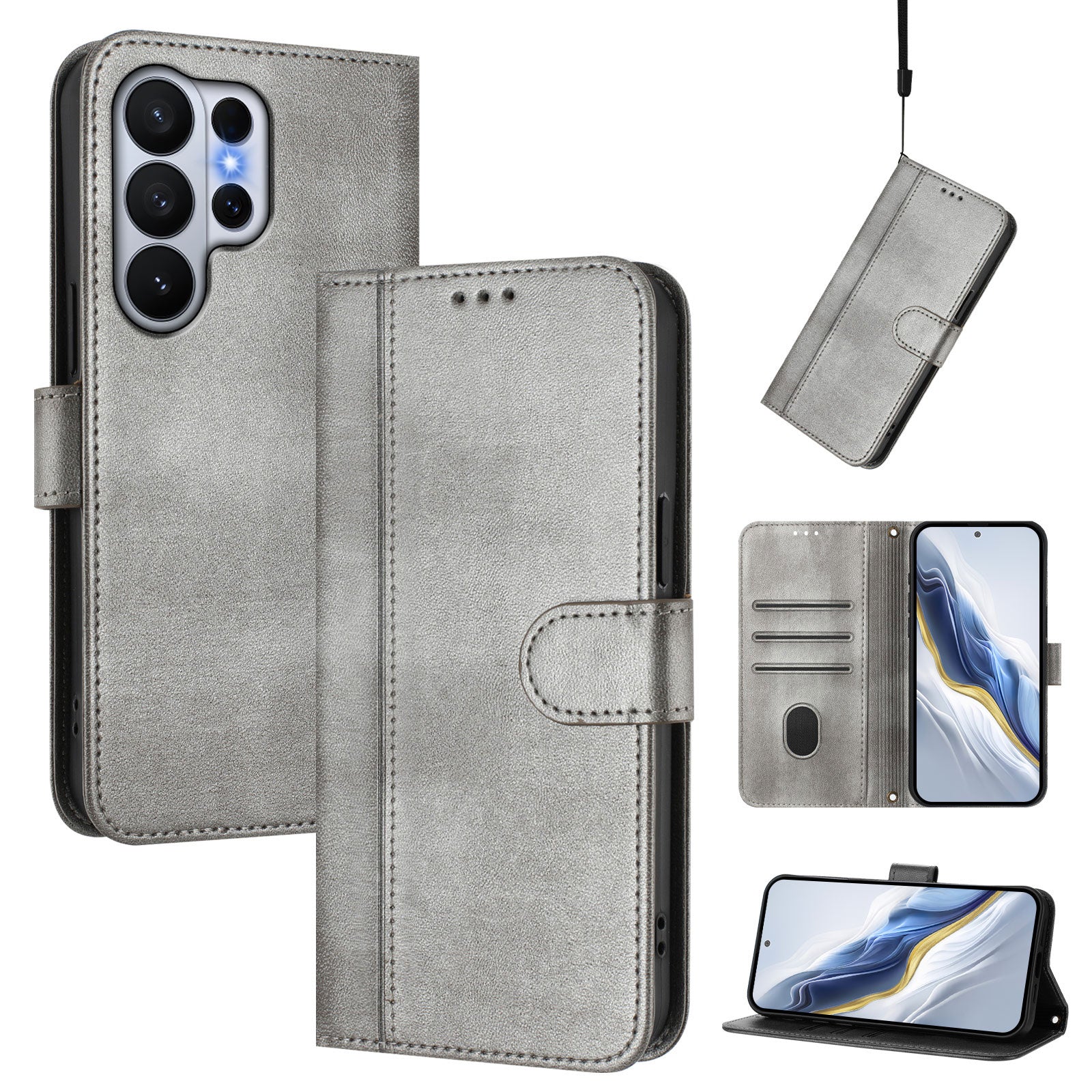 For-Samsung-Galaxy-S26-Ultra-Cases-Wallet-Stand-Retro-Texture-Leather-Phone-Cover-with-Lanyard-Grey