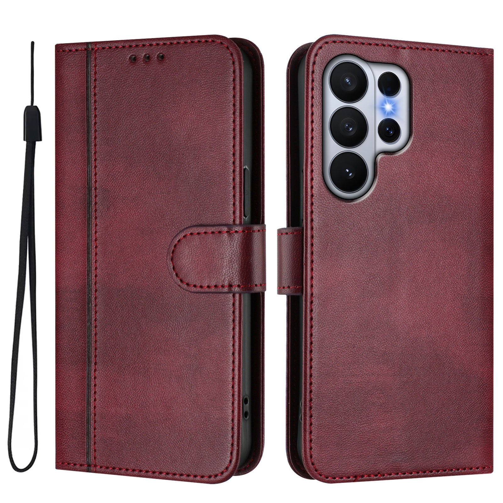 For-Samsung-Galaxy-S26-Ultra-Cases-Wallet-Stand-Retro-Texture-Leather-Phone-Cover-with-Lanyard-Wine-Red