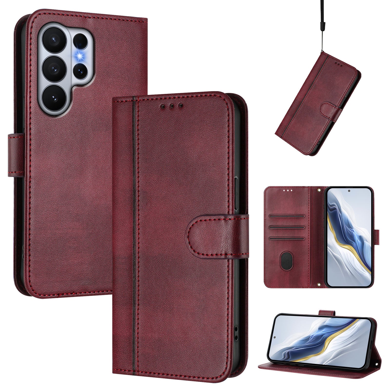 For-Samsung-Galaxy-S26-Ultra-Cases-Wallet-Stand-Retro-Texture-Leather-Phone-Cover-with-Lanyard-Wine-Red
