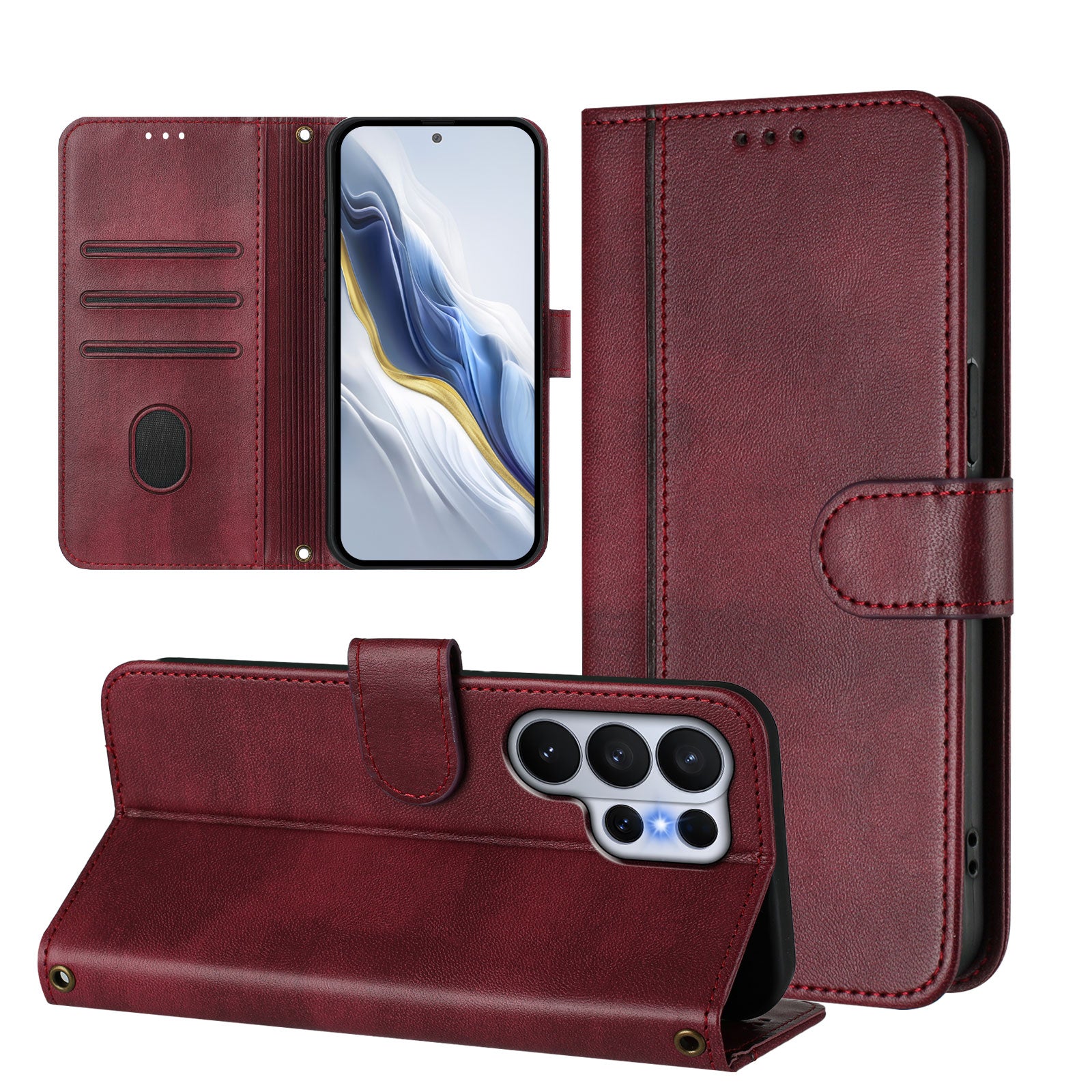 For-Samsung-Galaxy-S26-Ultra-Cases-Wallet-Stand-Retro-Texture-Leather-Phone-Cover-with-Lanyard-Wine-Red