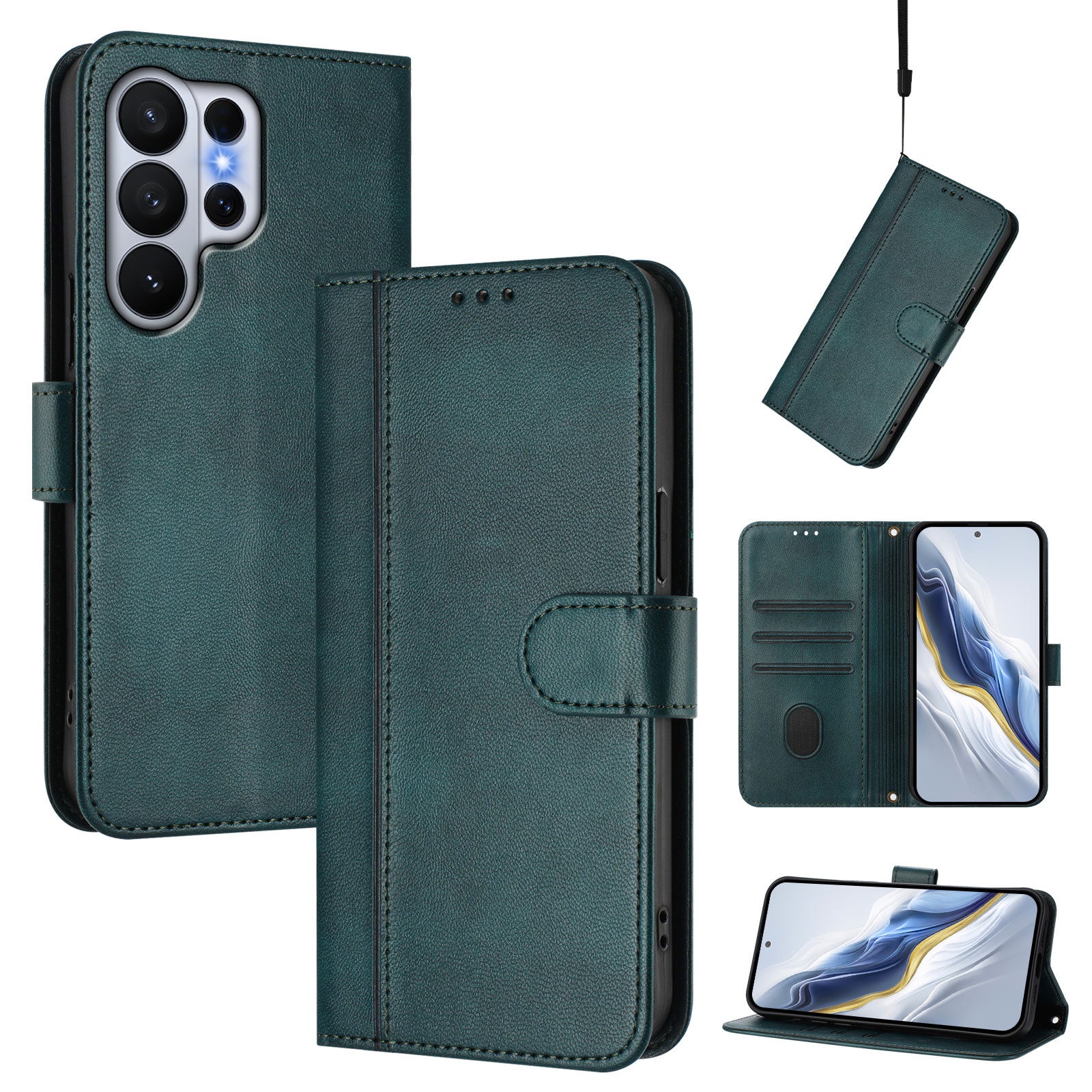 For-Samsung-Galaxy-S26-Ultra-Cases-Wallet-Stand-Retro-Texture-Leather-Phone-Cover-with-Lanyard-Dark-Green