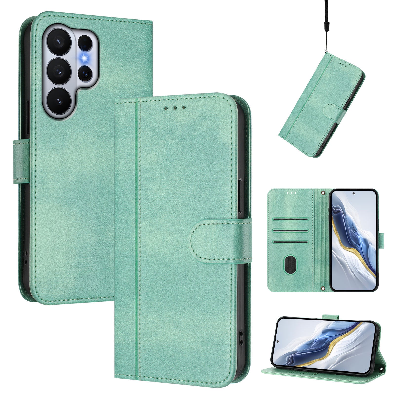 For-Samsung-Galaxy-S26-Ultra-Cases-Wallet-Stand-Retro-Texture-Leather-Phone-Cover-with-Lanyard-Mint-Green