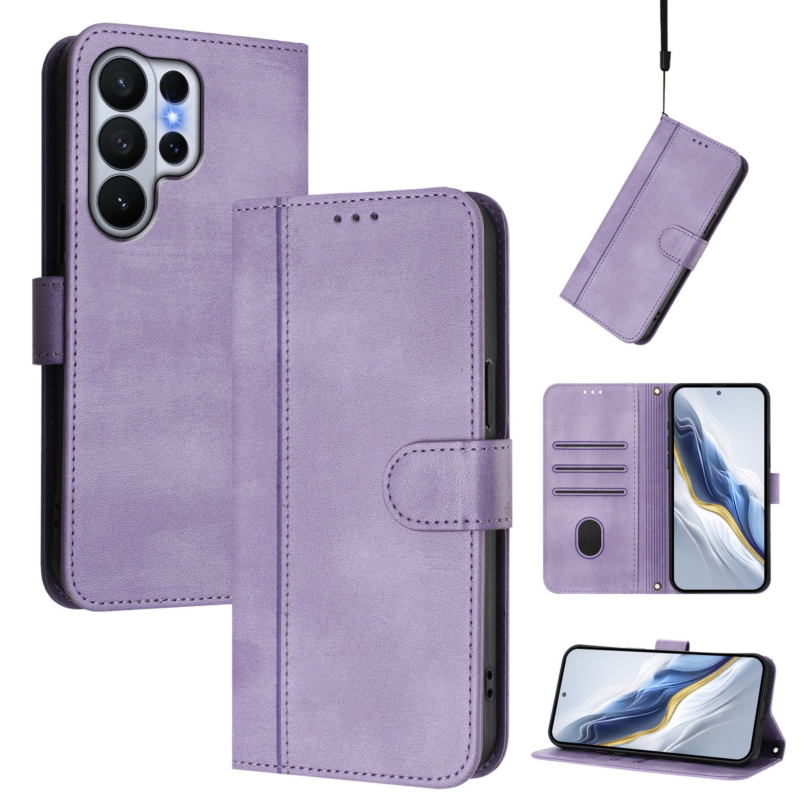 For-Samsung-Galaxy-S26-Ultra-Cases-Wallet-Stand-Retro-Texture-Leather-Phone-Cover-with-Lanyard-Light-Purple