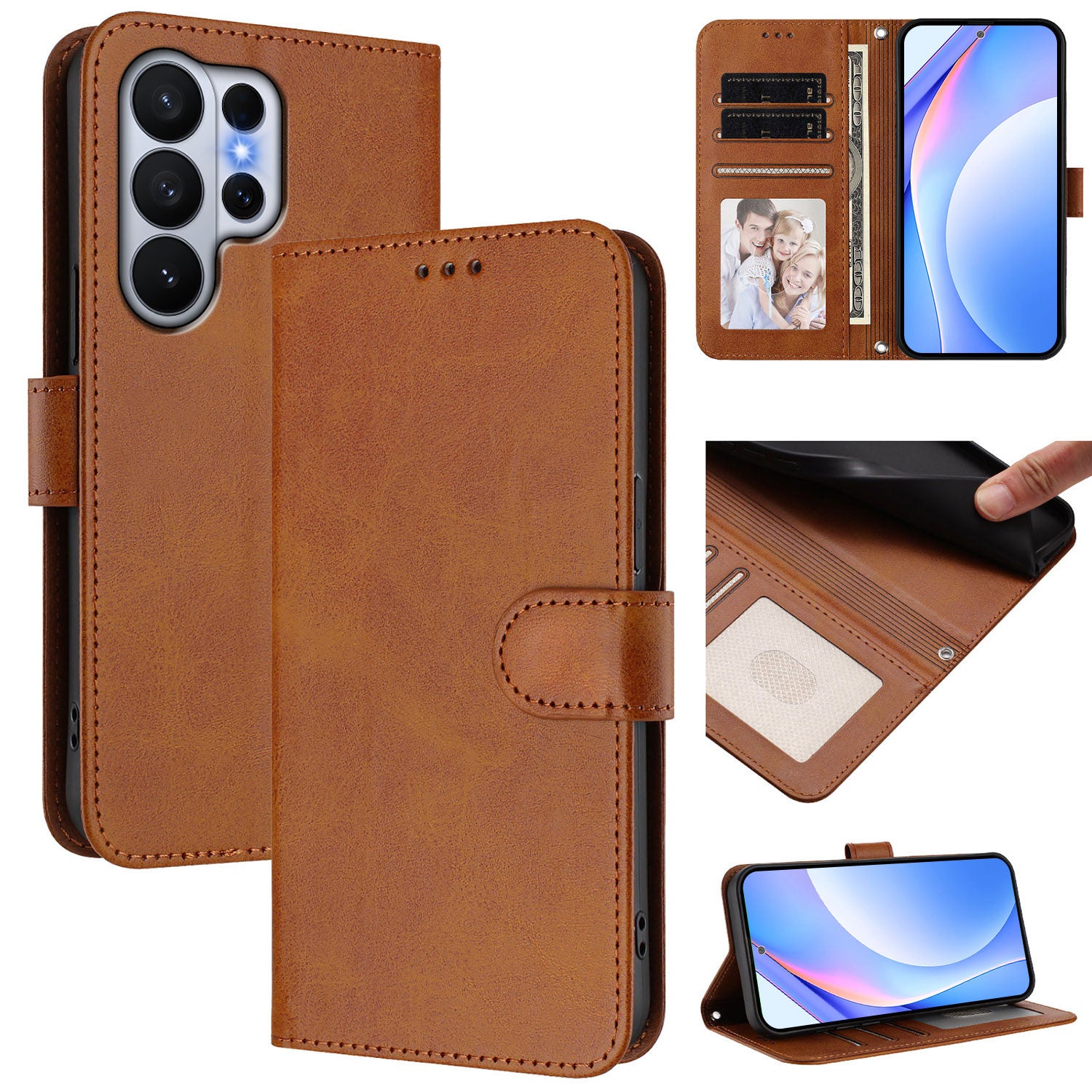 For-Samsung-Galaxy-S26-Ultra-Wallet-Case-RFID-Blocking-Calf-Texture-Leather-Stand-Phone-Cover-with-Strap-Brown