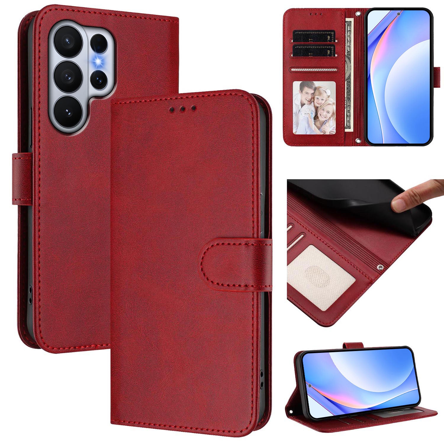 For-Samsung-Galaxy-S26-Ultra-Wallet-Case-RFID-Blocking-Calf-Texture-Leather-Stand-Phone-Cover-with-Strap-Wine-Red