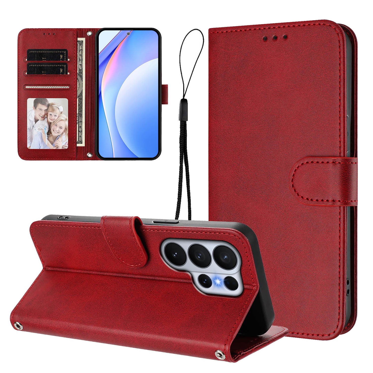 For-Samsung-Galaxy-S26-Ultra-Wallet-Case-RFID-Blocking-Calf-Texture-Leather-Stand-Phone-Cover-with-Strap-Wine-Red