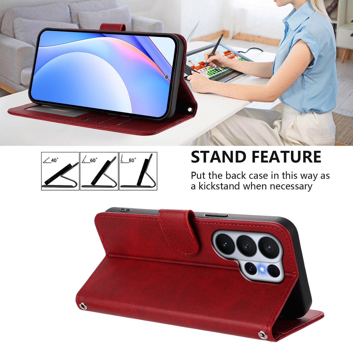 For-Samsung-Galaxy-S26-Ultra-Wallet-Case-RFID-Blocking-Calf-Texture-Leather-Stand-Phone-Cover-with-Strap-Wine-Red