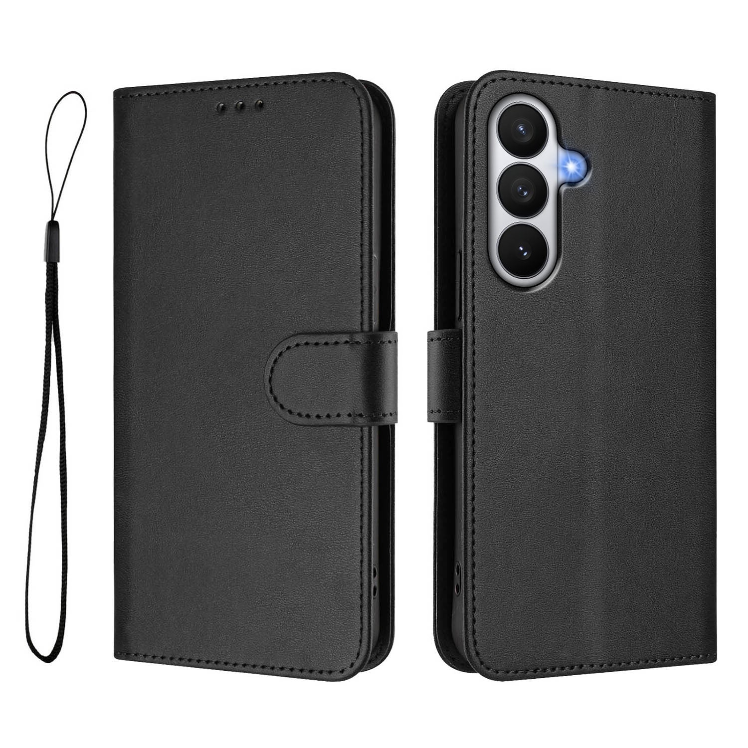 For-Samsung-Galaxy-S26-/-S26-Pro-Wallet-Case-RFID-Blocking-Calf-Texture-Leather-Stand-Phone-Cover-with-Strap-Black