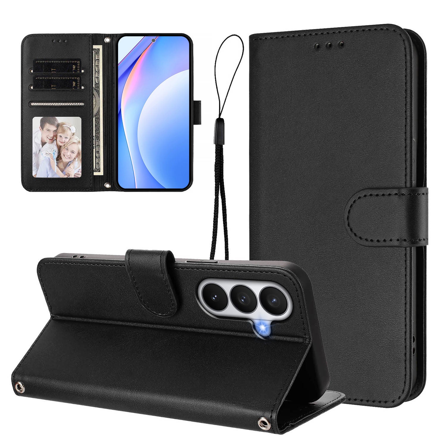 For-Samsung-Galaxy-S26-/-S26-Pro-Wallet-Case-RFID-Blocking-Calf-Texture-Leather-Stand-Phone-Cover-with-Strap-Black