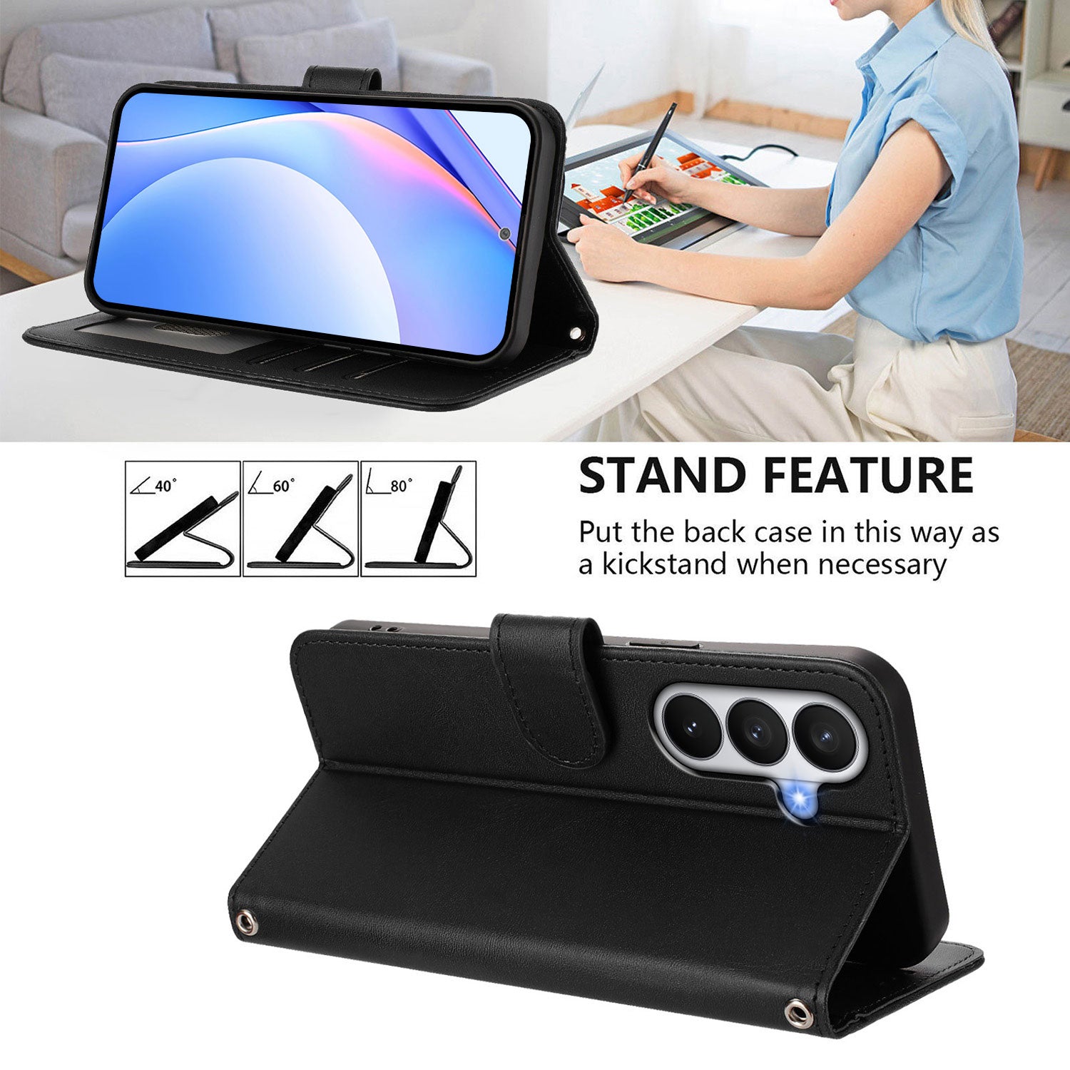 For-Samsung-Galaxy-S26-/-S26-Pro-Wallet-Case-RFID-Blocking-Calf-Texture-Leather-Stand-Phone-Cover-with-Strap-Black