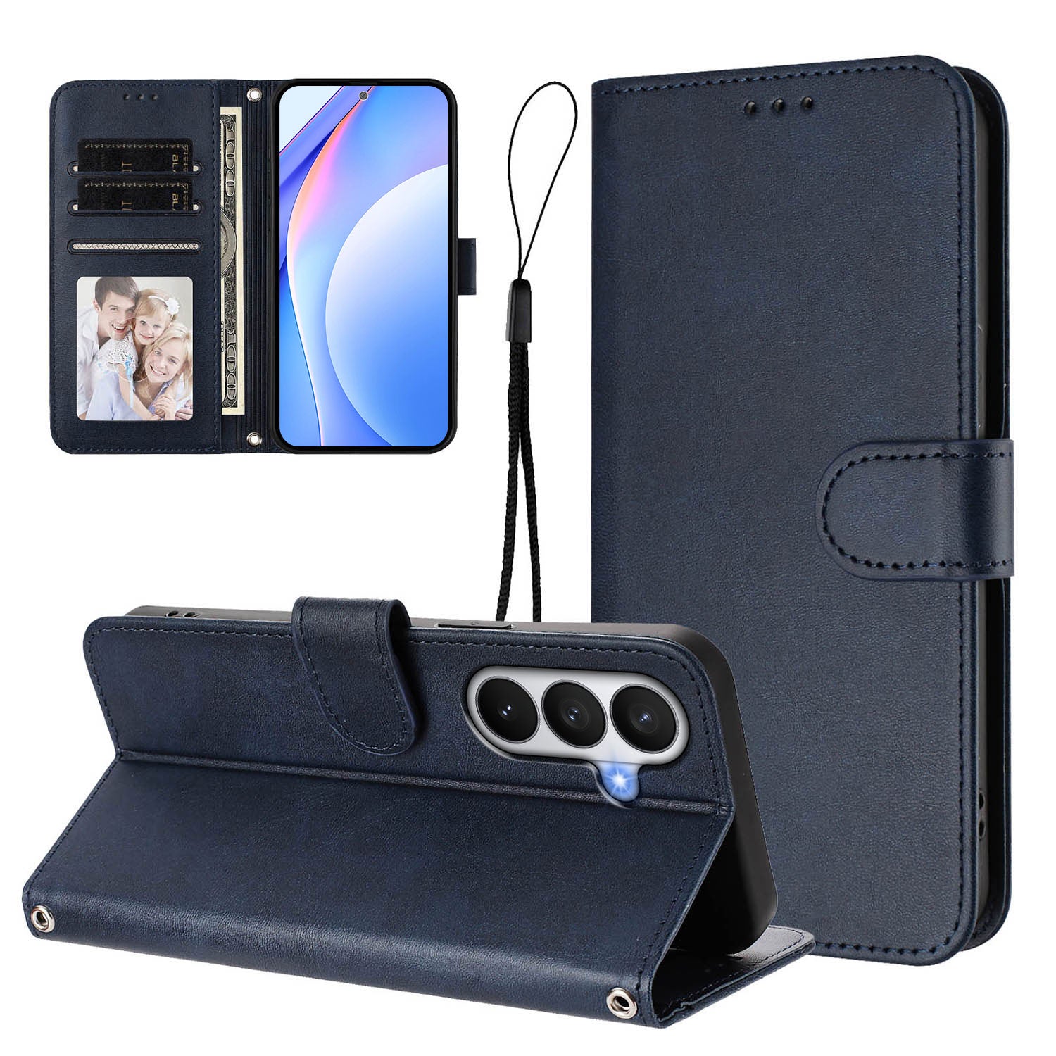 For-Samsung-Galaxy-S26-/-S26-Pro-Wallet-Case-RFID-Blocking-Calf-Texture-Leather-Stand-Phone-Cover-with-Strap-Blue