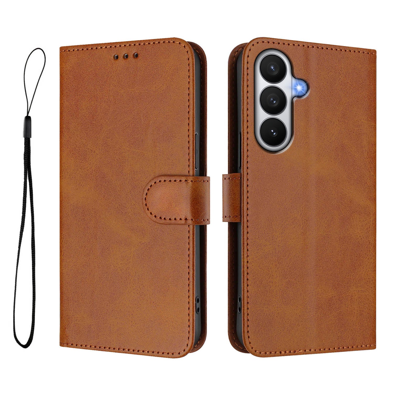 For-Samsung-Galaxy-S26-/-S26-Pro-Wallet-Case-RFID-Blocking-Calf-Texture-Leather-Stand-Phone-Cover-with-Strap-Brown