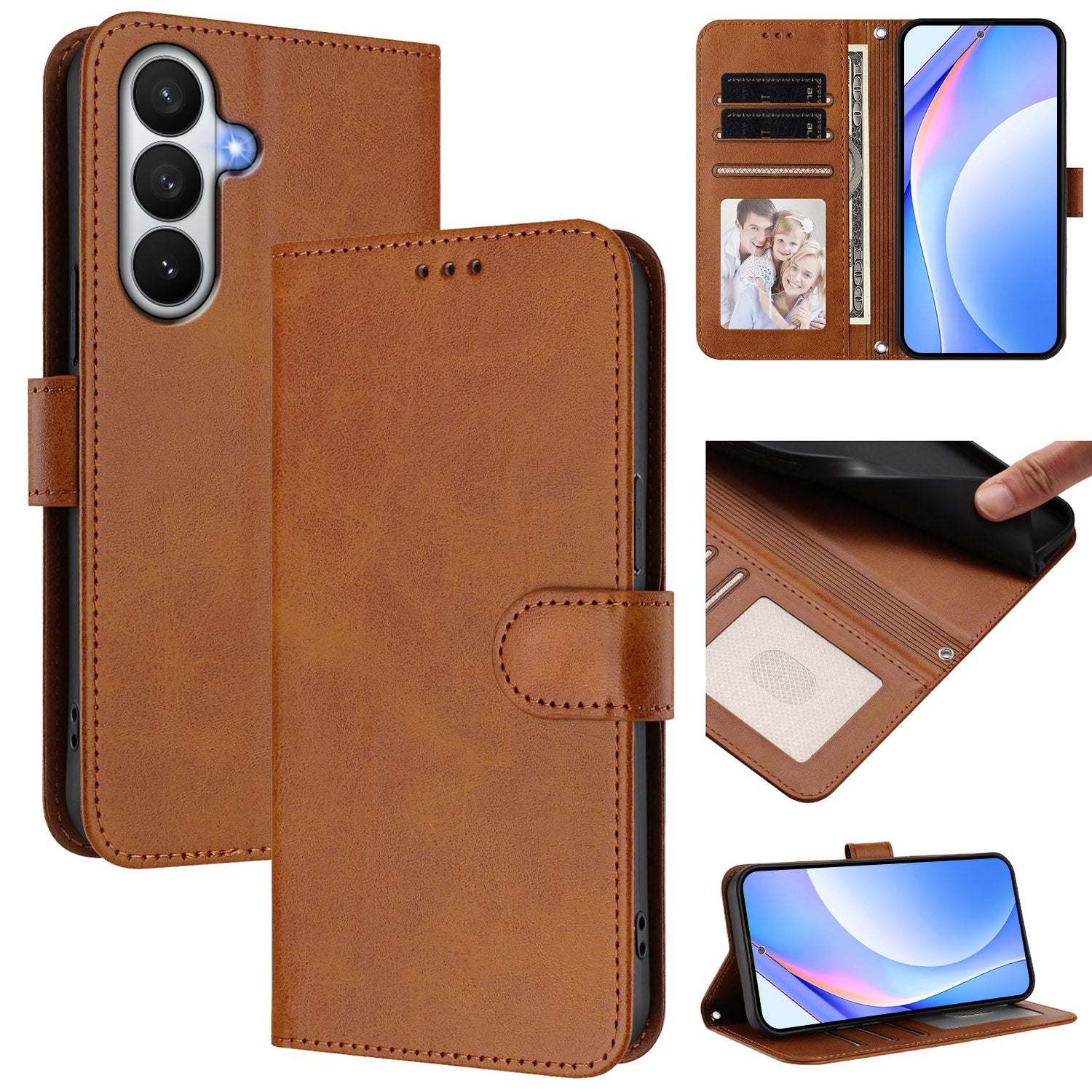 For-Samsung-Galaxy-S26-/-S26-Pro-Wallet-Case-RFID-Blocking-Calf-Texture-Leather-Stand-Phone-Cover-with-Strap-Brown