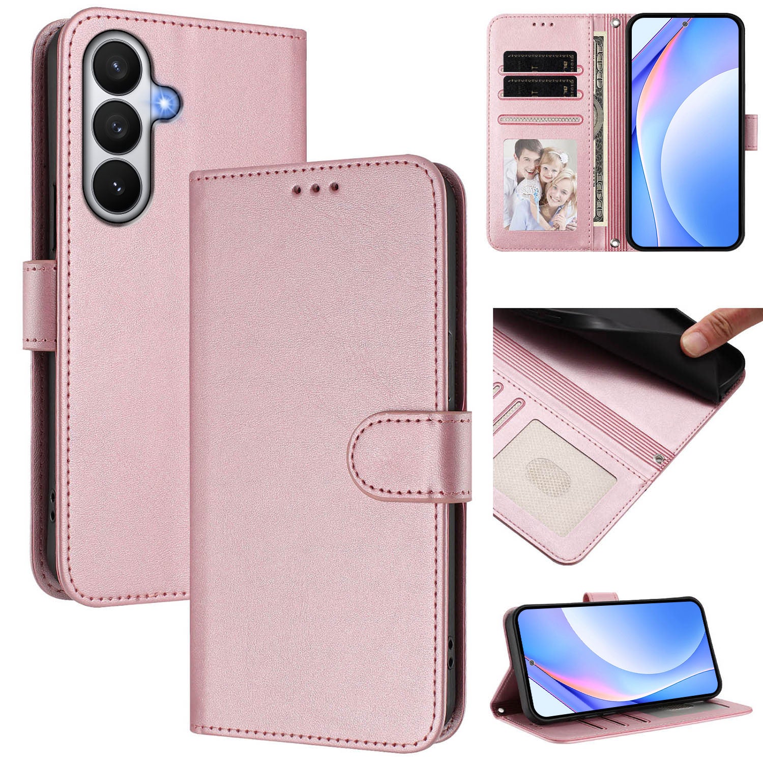 For-Samsung-Galaxy-S26-/-S26-Pro-Wallet-Case-RFID-Blocking-Calf-Texture-Leather-Stand-Phone-Cover-with-Strap-Pink