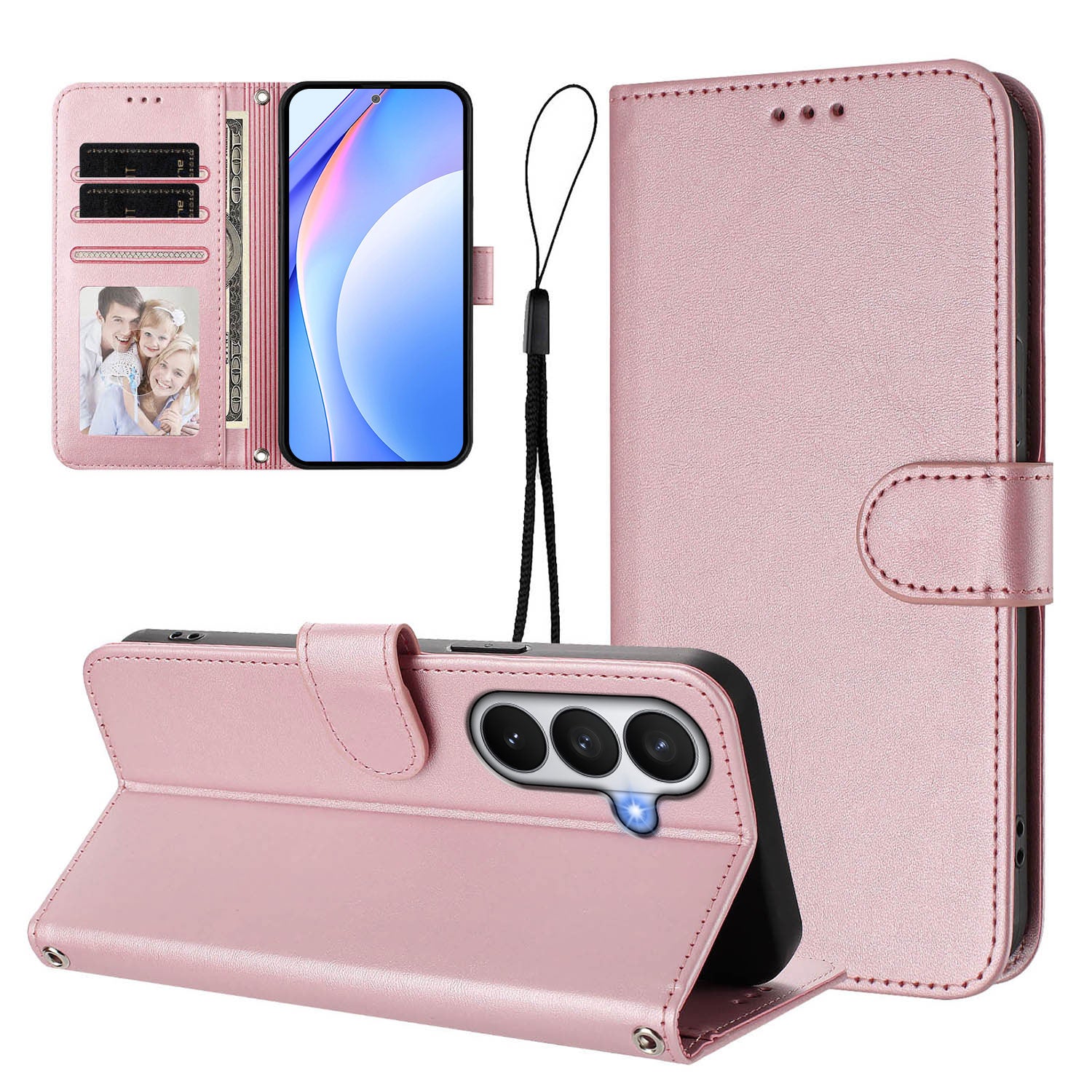 For-Samsung-Galaxy-S26-/-S26-Pro-Wallet-Case-RFID-Blocking-Calf-Texture-Leather-Stand-Phone-Cover-with-Strap-Pink