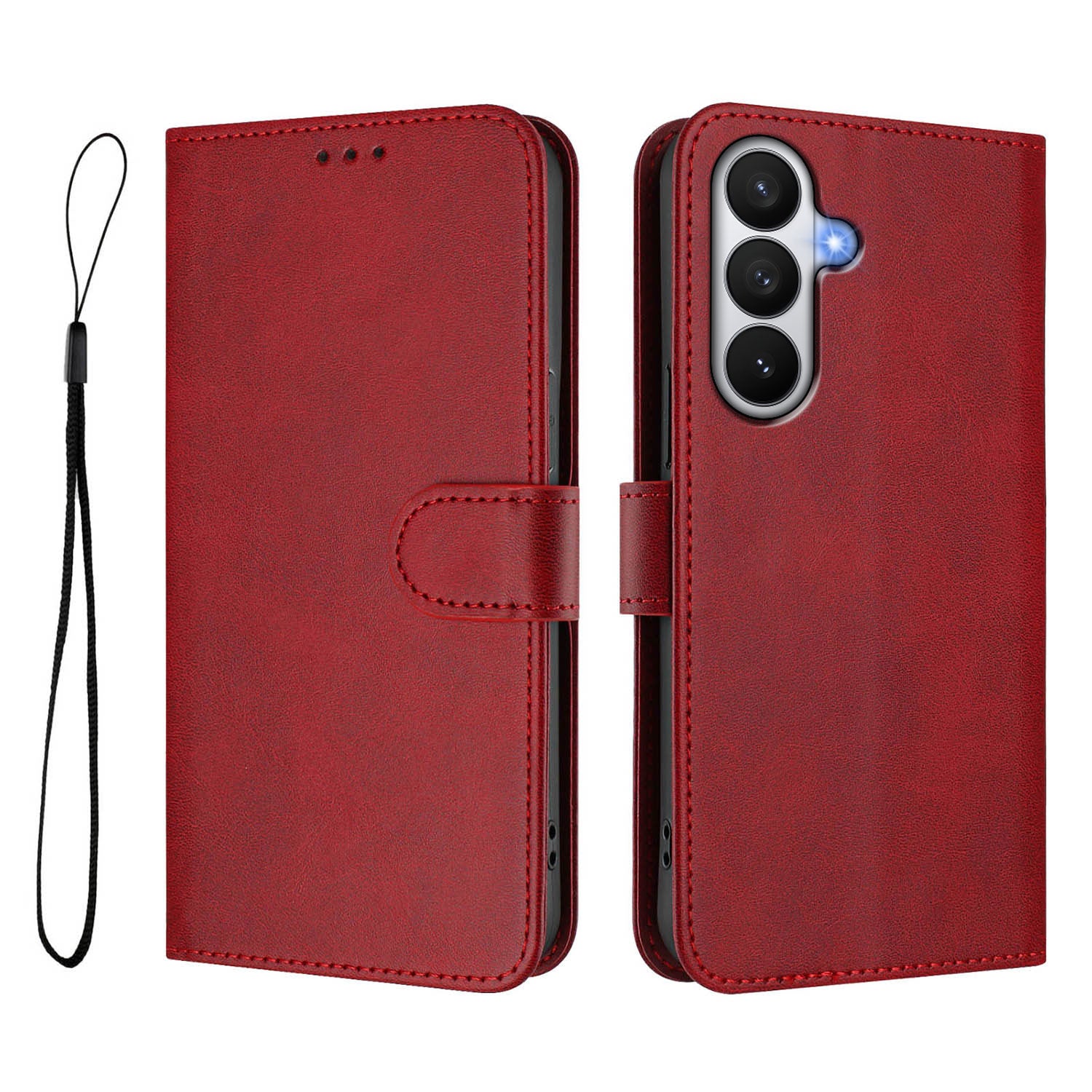 For-Samsung-Galaxy-S26-/-S26-Pro-Wallet-Case-RFID-Blocking-Calf-Texture-Leather-Stand-Phone-Cover-with-Strap-Wine-Red