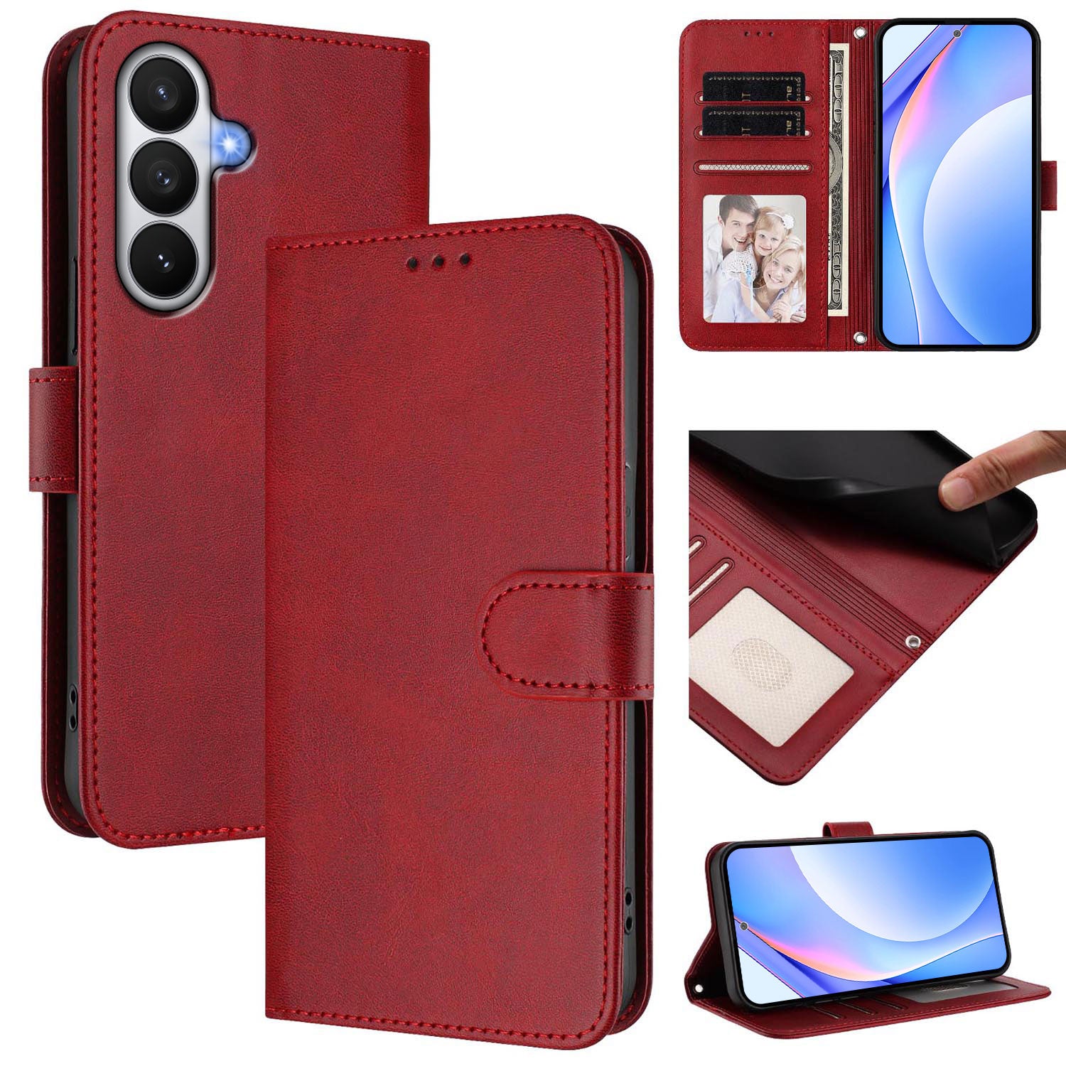 For-Samsung-Galaxy-S26-/-S26-Pro-Wallet-Case-RFID-Blocking-Calf-Texture-Leather-Stand-Phone-Cover-with-Strap-Wine-Red