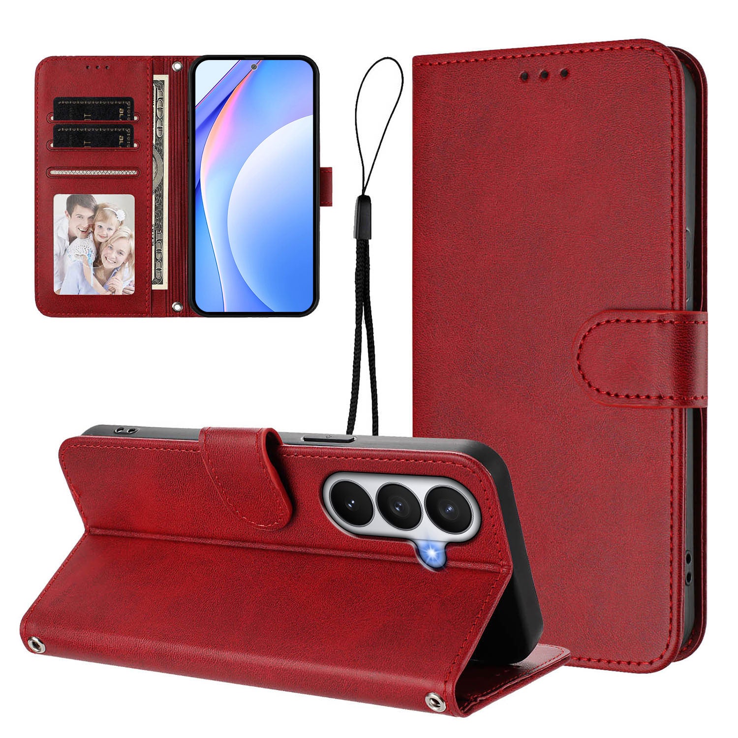 For-Samsung-Galaxy-S26-/-S26-Pro-Wallet-Case-RFID-Blocking-Calf-Texture-Leather-Stand-Phone-Cover-with-Strap-Wine-Red
