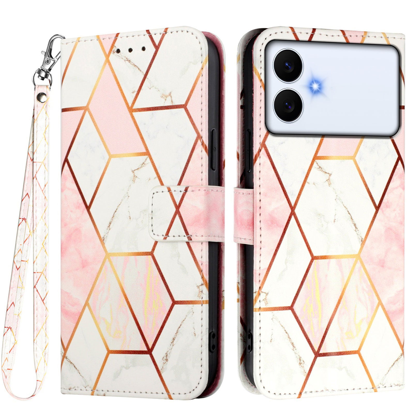 For-Samsung-Galaxy-S26-Edge-Case-with-Strap-Marble-Pattern-Leather-Phone-Cover-Card-Holder-Pink-/-White-LS002