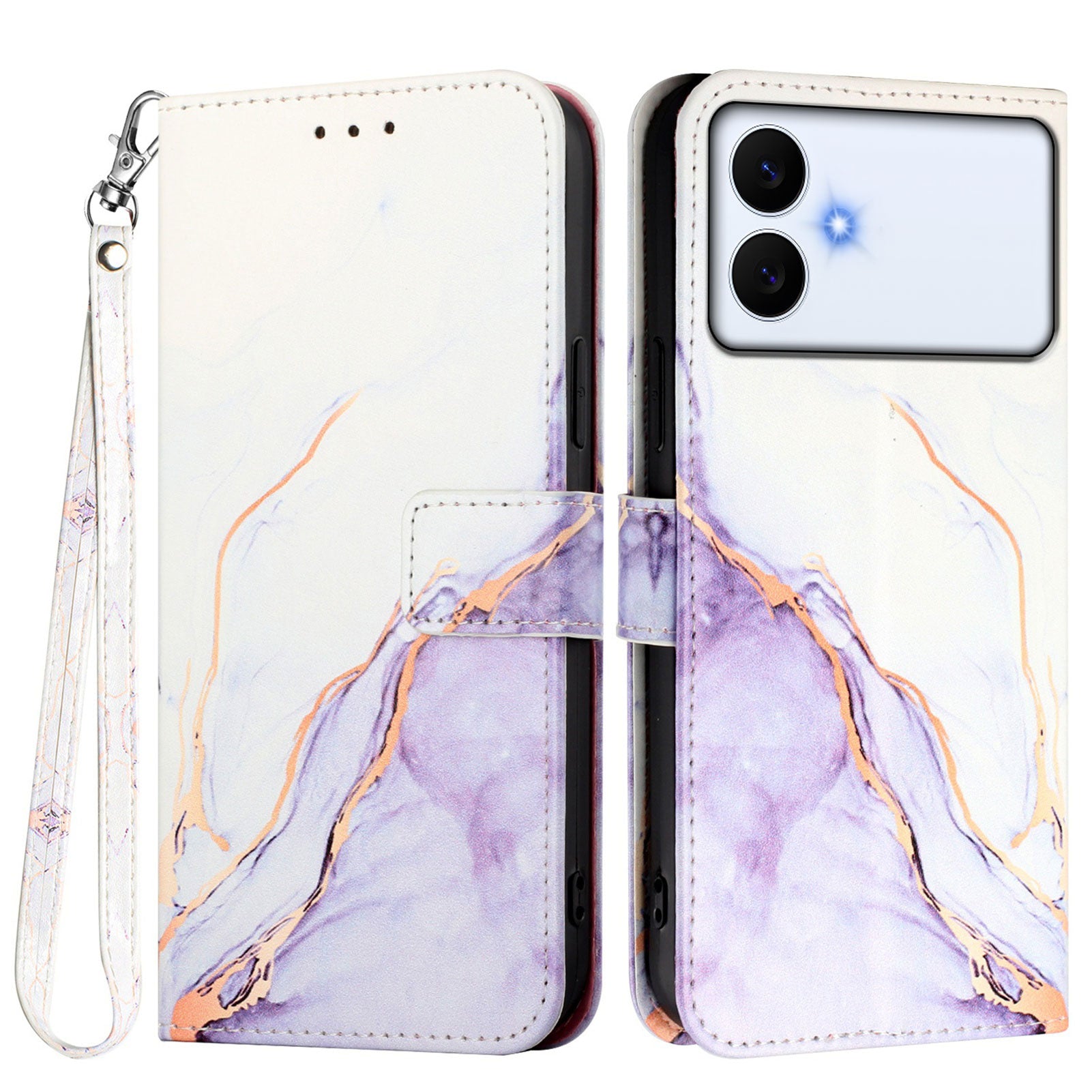 For-Samsung-Galaxy-S26-Edge-Case-with-Strap-Marble-Pattern-Leather-Phone-Cover-Card-Holder-White-/-Purple-LS006