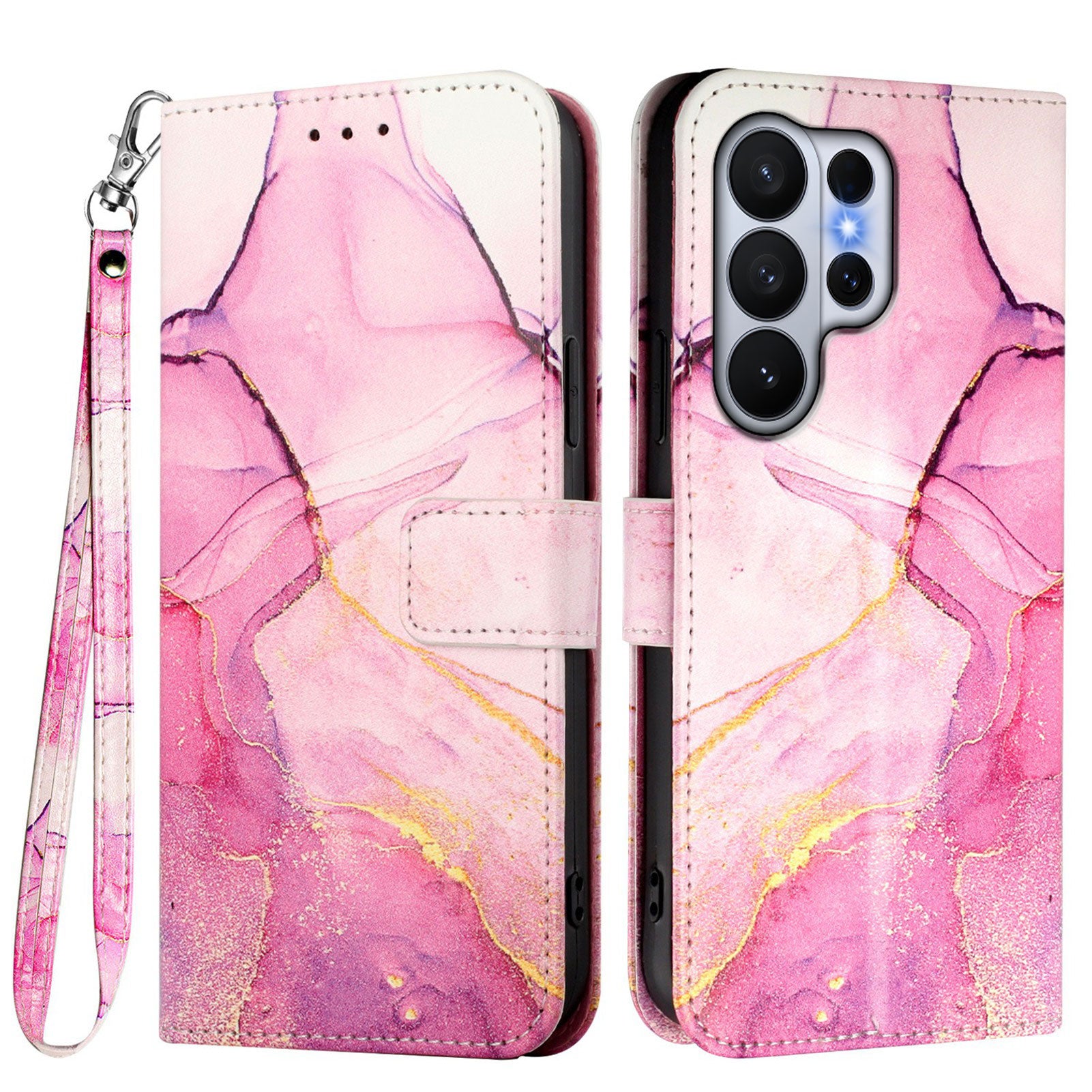 For-Samsung-Galaxy-S26-Ultra-Case-with-Strap-Marble-Pattern-Leather-Phone-Cover-Card-Holder-Pink-/-Purple-/-Gold-LS001