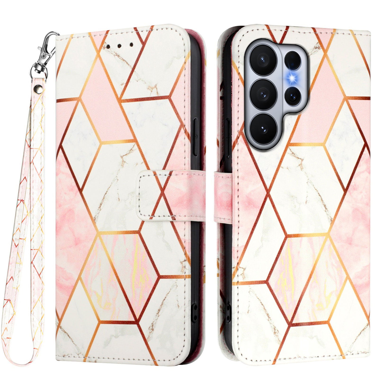 For-Samsung-Galaxy-S26-Ultra-Case-with-Strap-Marble-Pattern-Leather-Phone-Cover-Card-Holder-Pink-/-White-LS002
