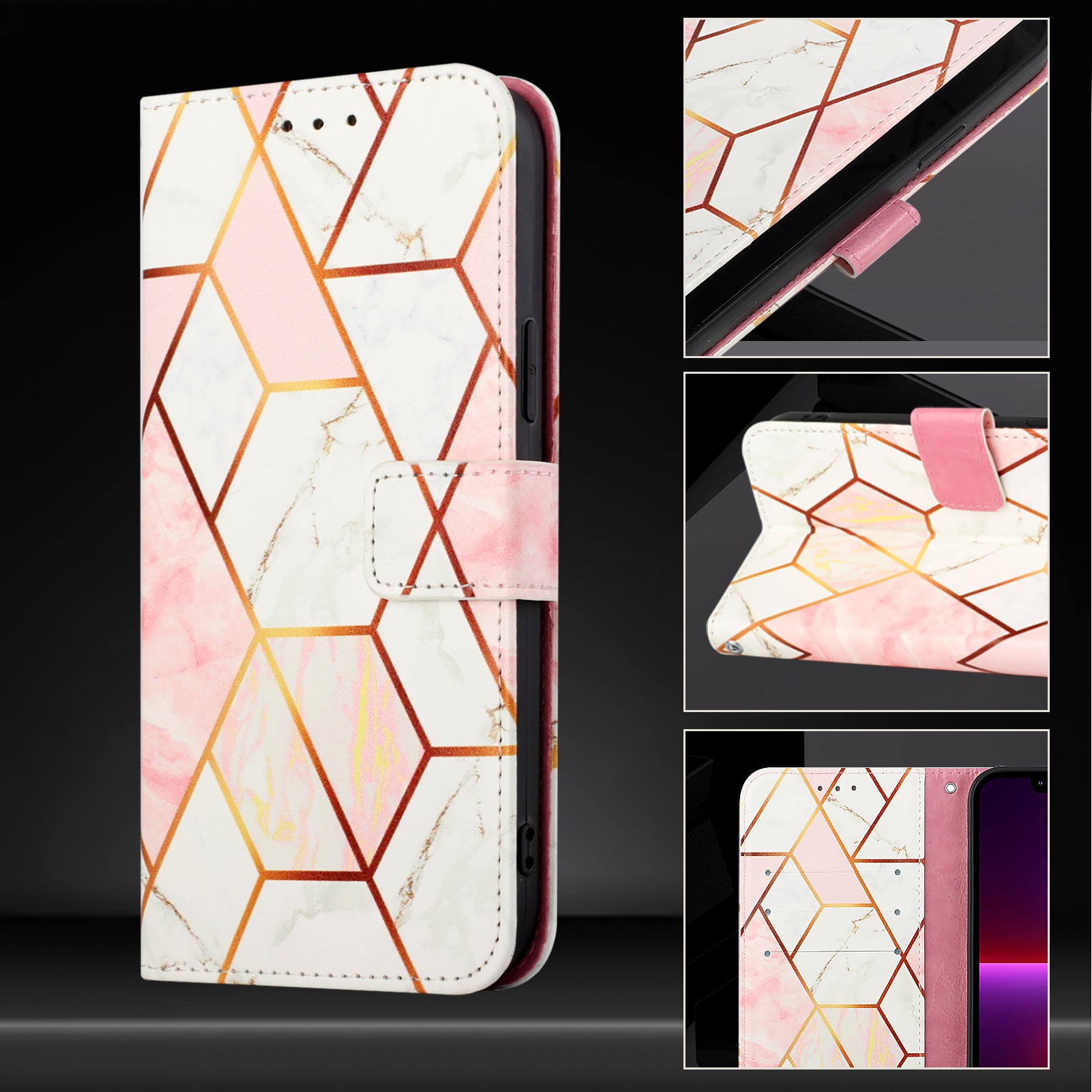 For-Samsung-Galaxy-S26-Ultra-Case-with-Strap-Marble-Pattern-Leather-Phone-Cover-Card-Holder-Pink-/-White-LS002