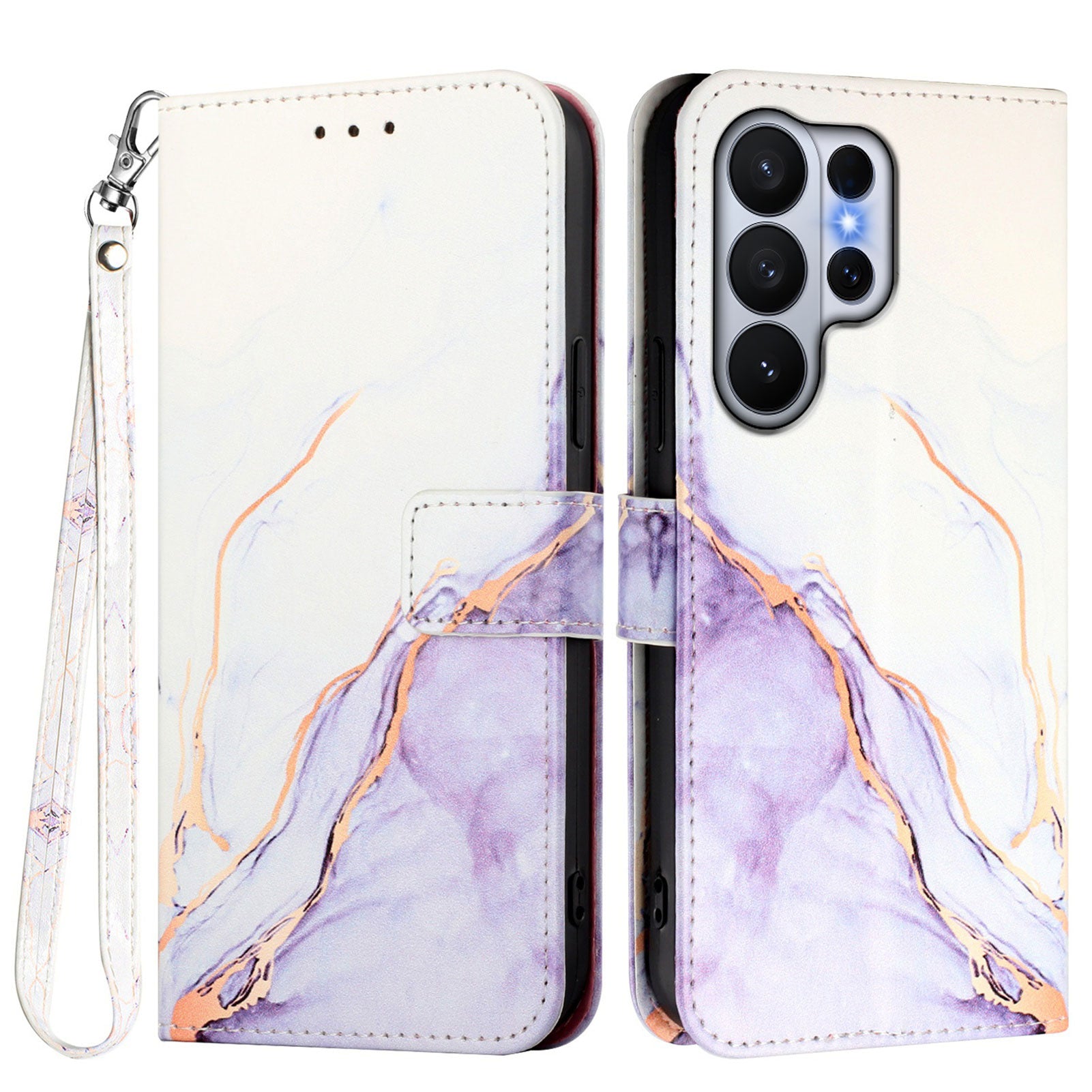 For-Samsung-Galaxy-S26-Ultra-Case-with-Strap-Marble-Pattern-Leather-Phone-Cover-Card-Holder-White-/-Purple-LS006