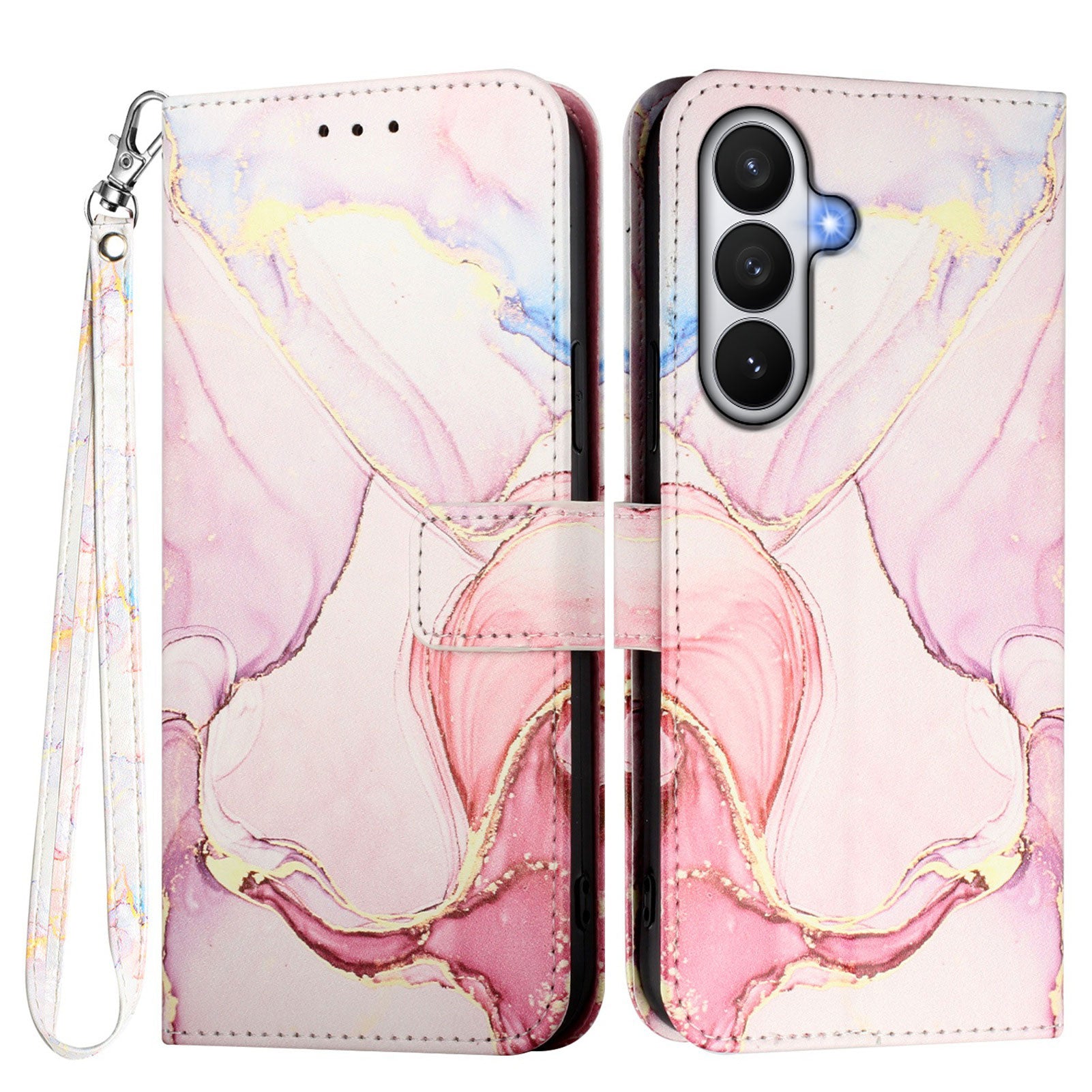 For-Samsung-Galaxy-S26-/-S26-Pro-Case-with-Strap-Marble-Pattern-Leather-Phone-Cover-Card-Holder-Rose-Gold-LS005