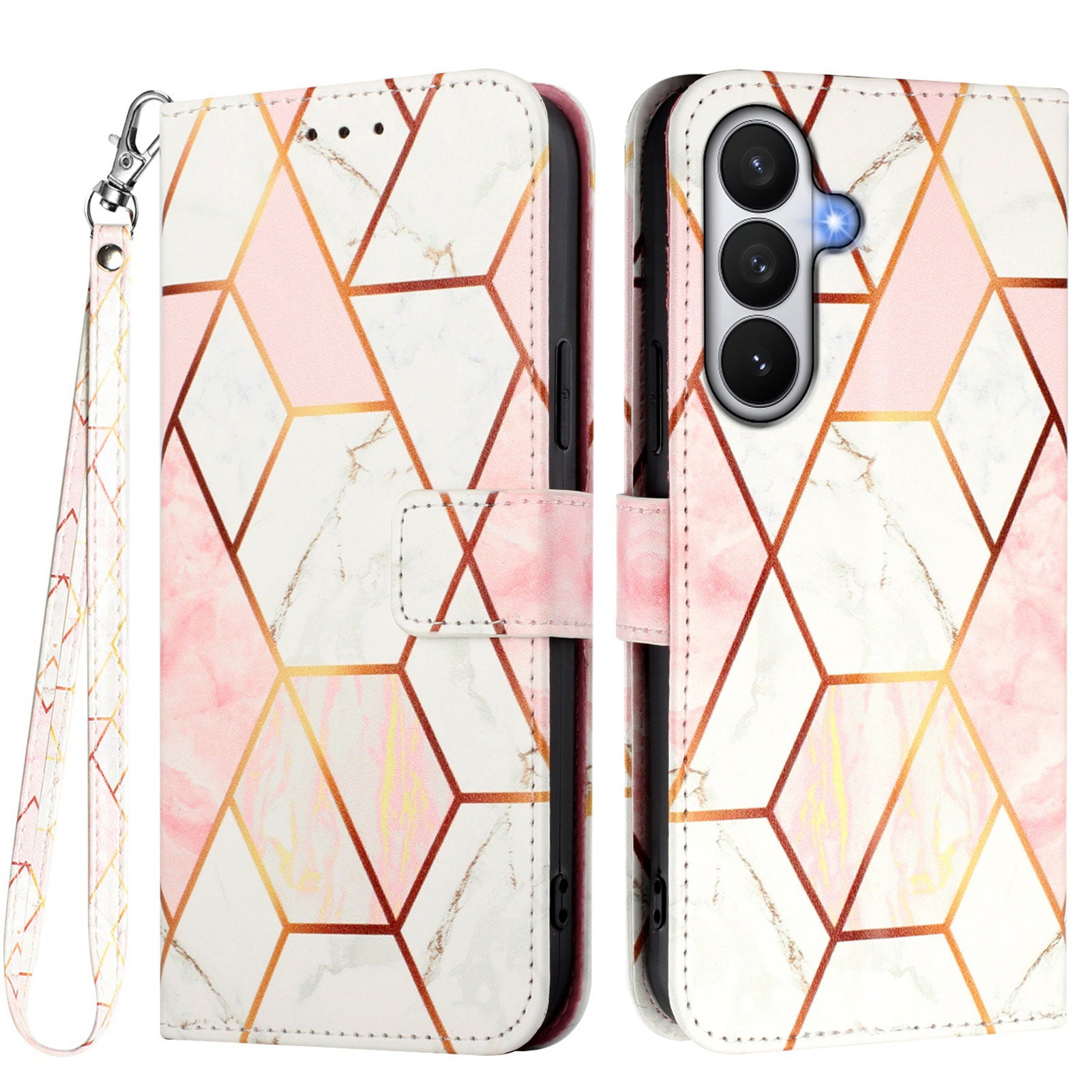 For-Samsung-Galaxy-S26-/-S26-Pro-Case-with-Strap-Marble-Pattern-Leather-Phone-Cover-Card-Holder-Pink-/-White-LS002